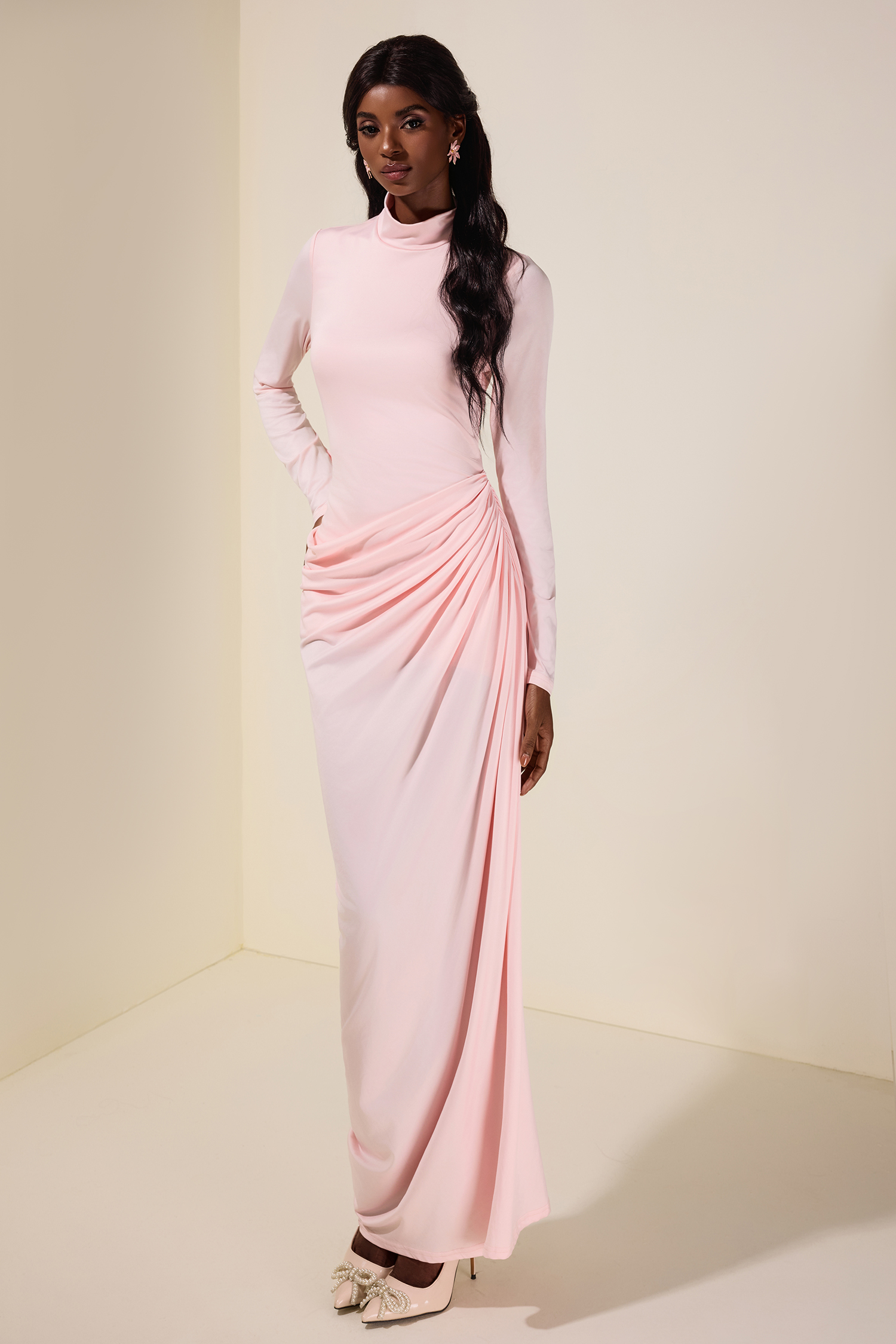 Jersey Gathering Long Sleeve Maxi Dress