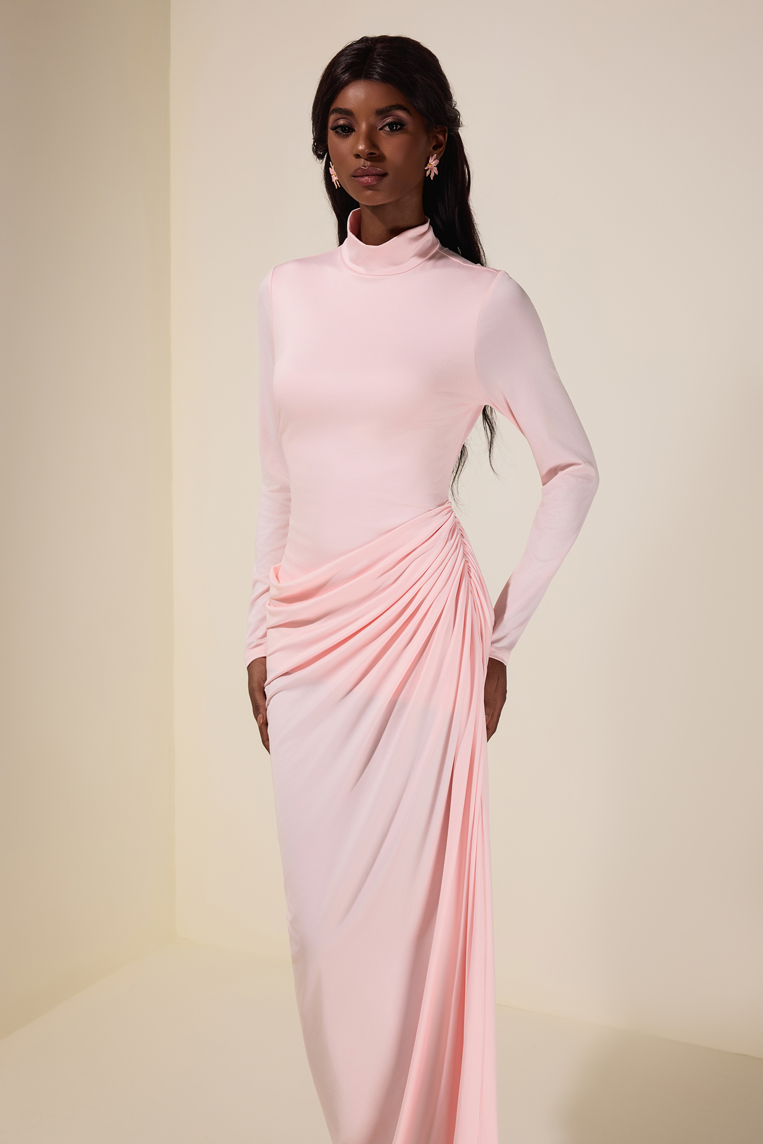 Jersey Gathering Long Sleeve Maxi Dress