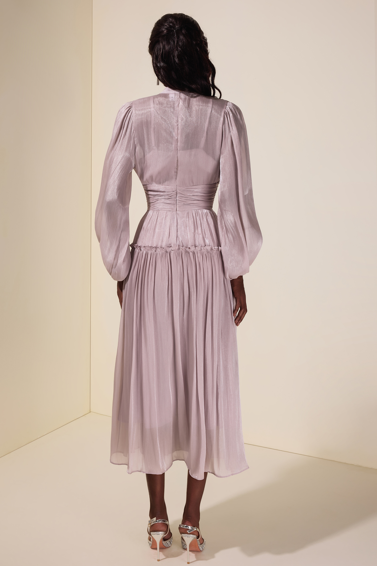 Satin Ruched Frill Midi Dress