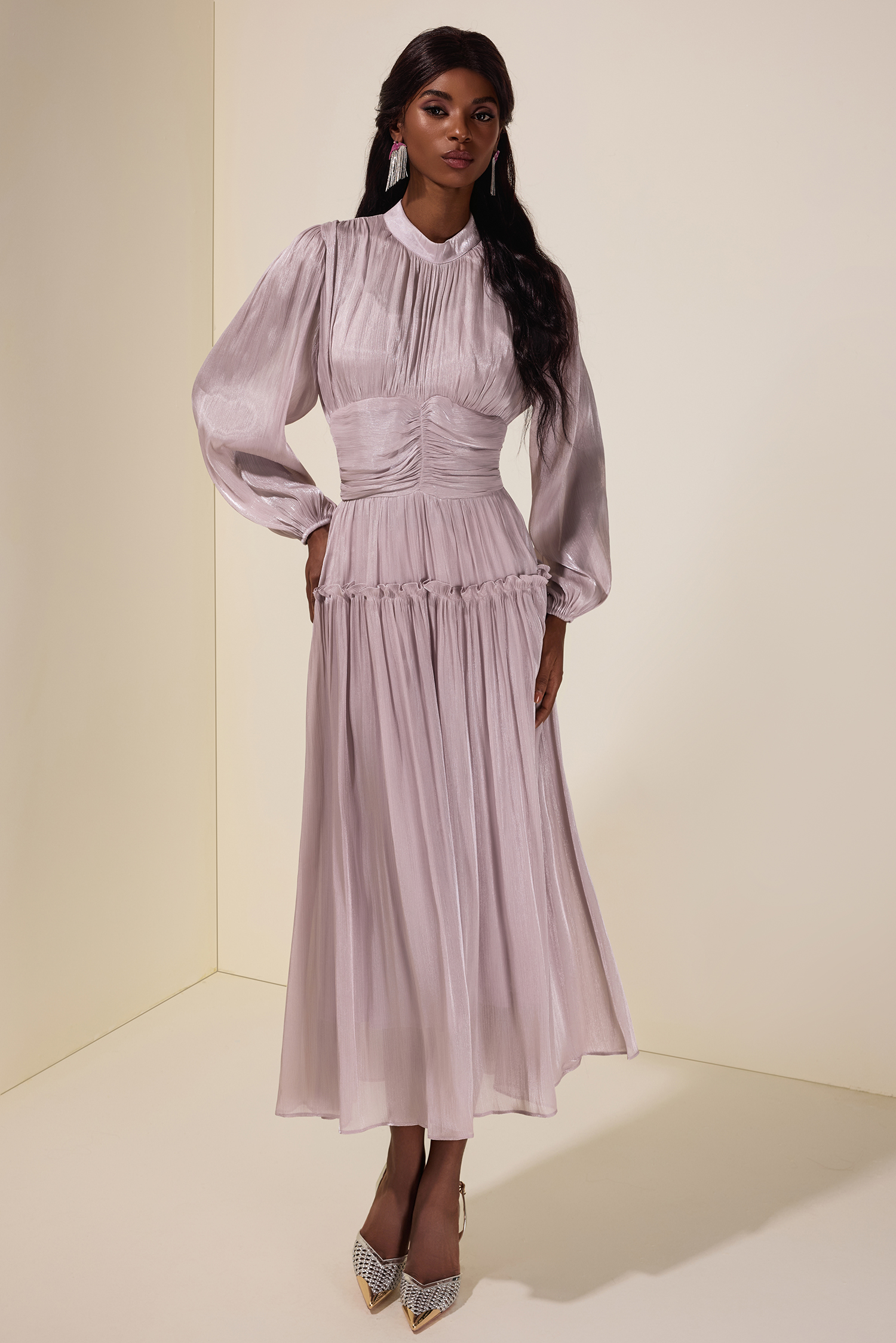 Satin Ruched Frill Midi Dress