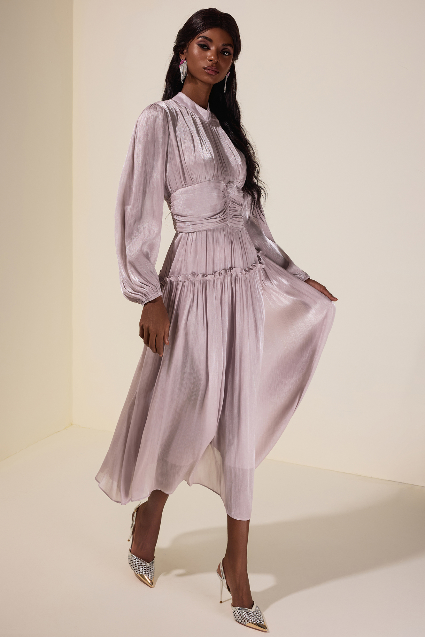 Satin Ruched Frill Midi Dress