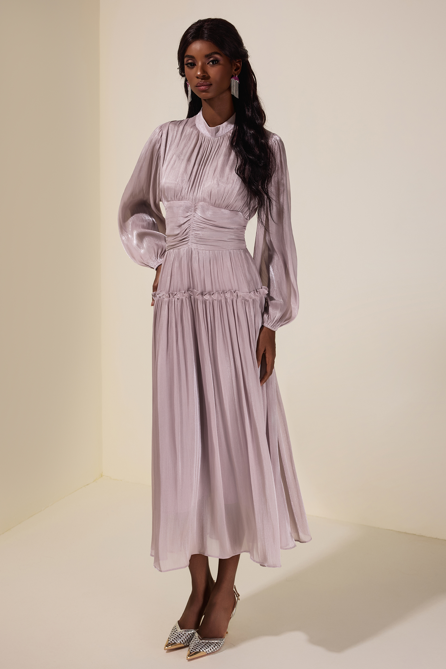 Satin Ruched Frill Midi Dress