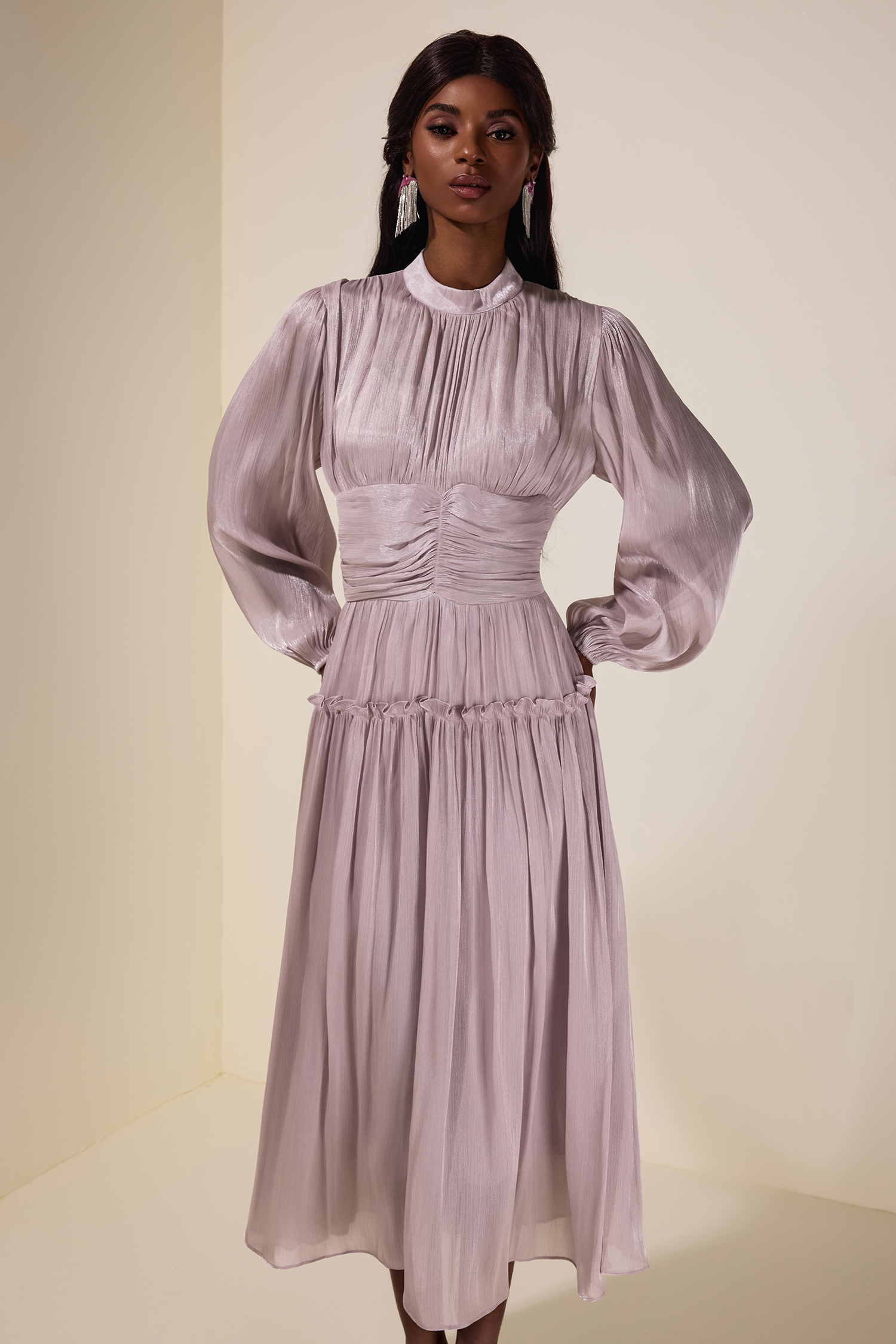 Satin Ruched Frill Midi Dress