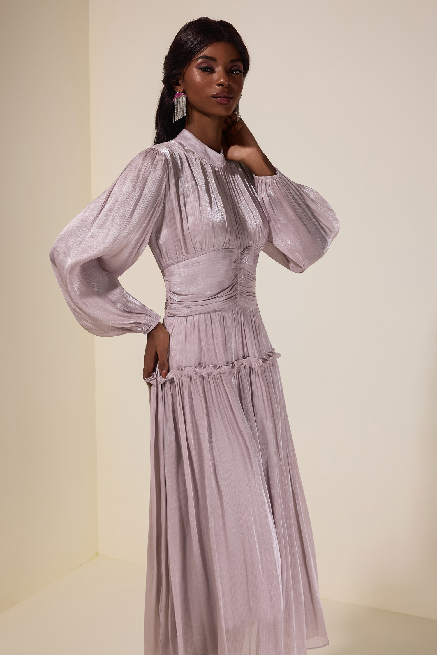 Satin Ruched Frill Midi Dress