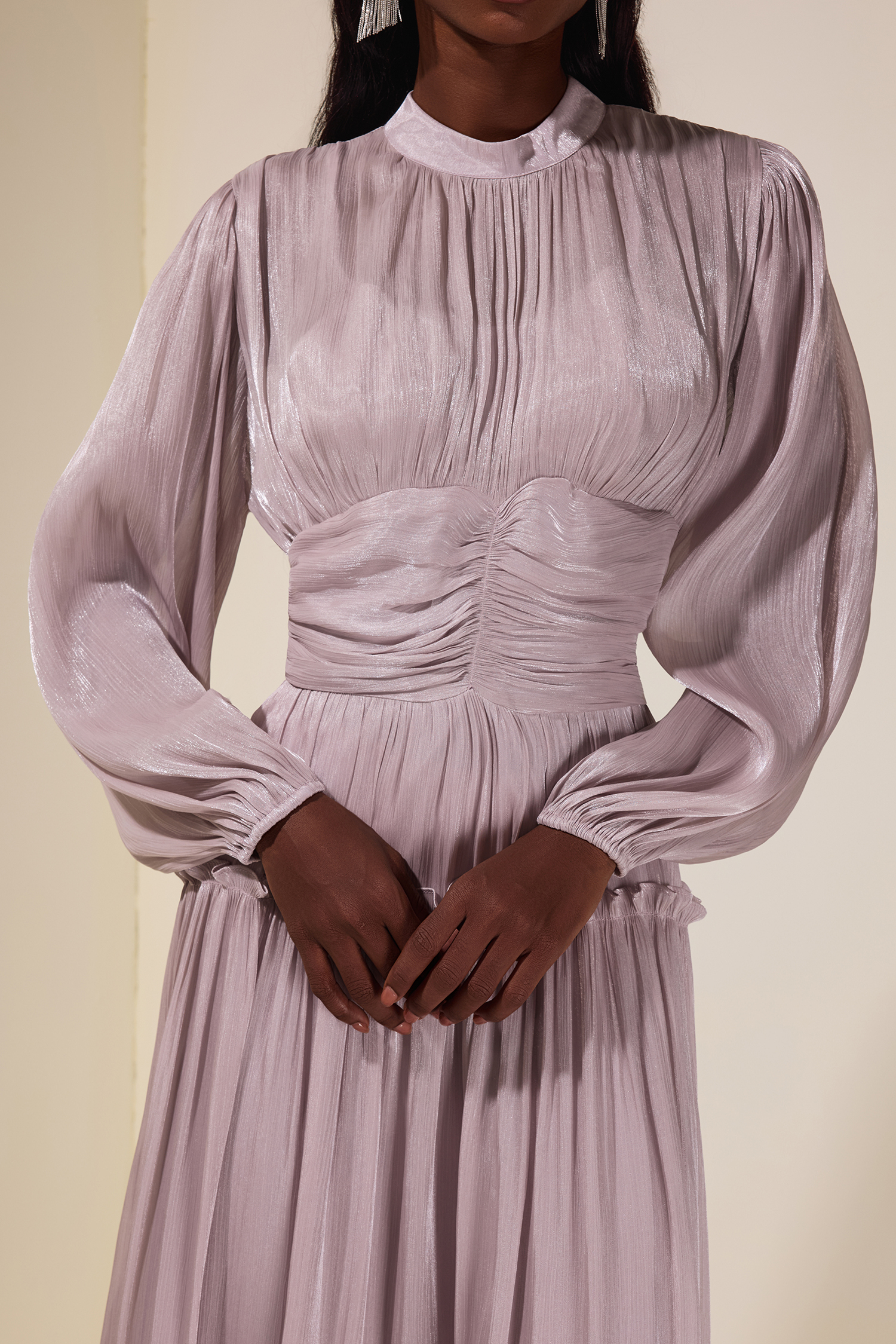 Satin Ruched Frill Midi Dress