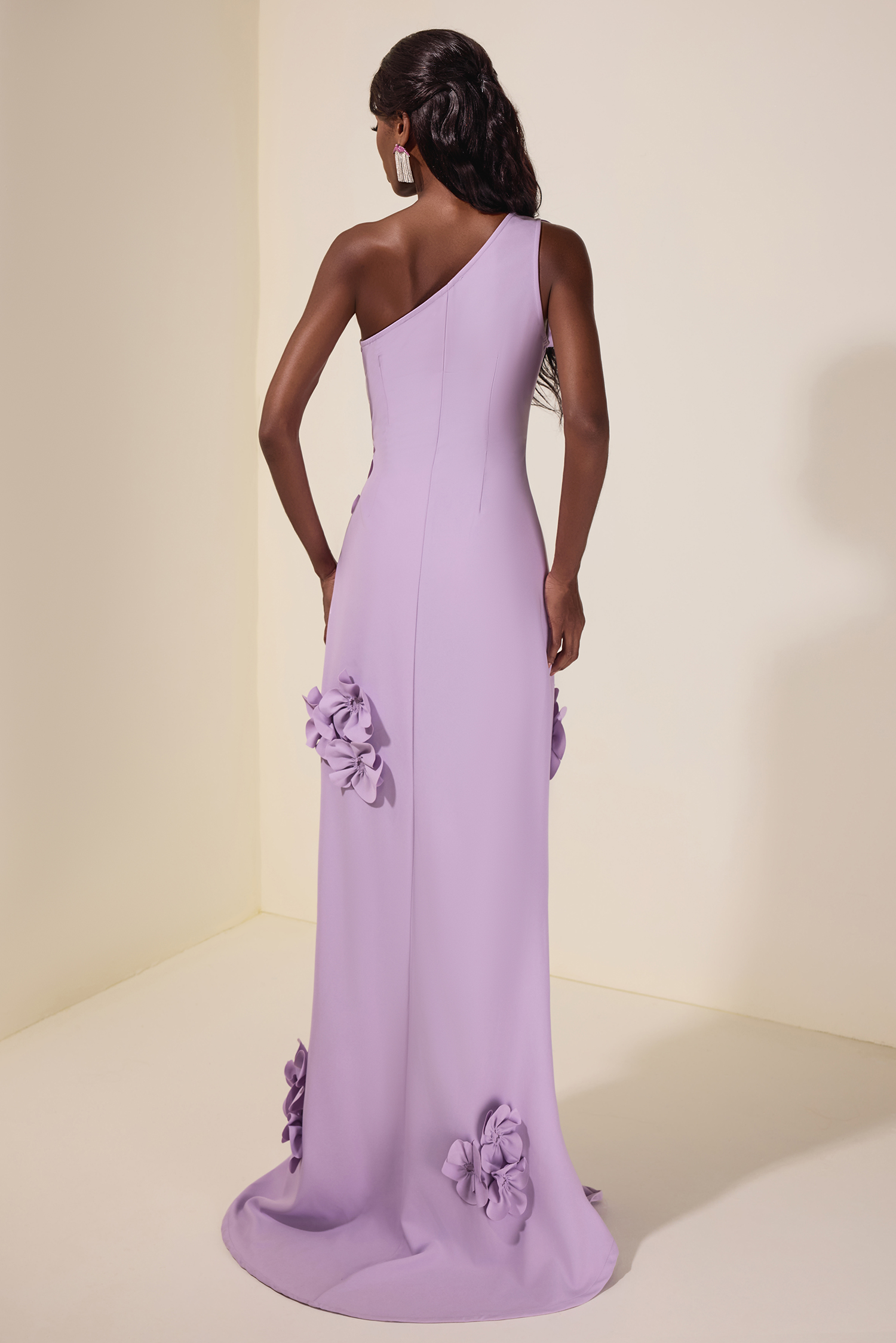 Solid 3D Flower Skew Collar Maxi Dress