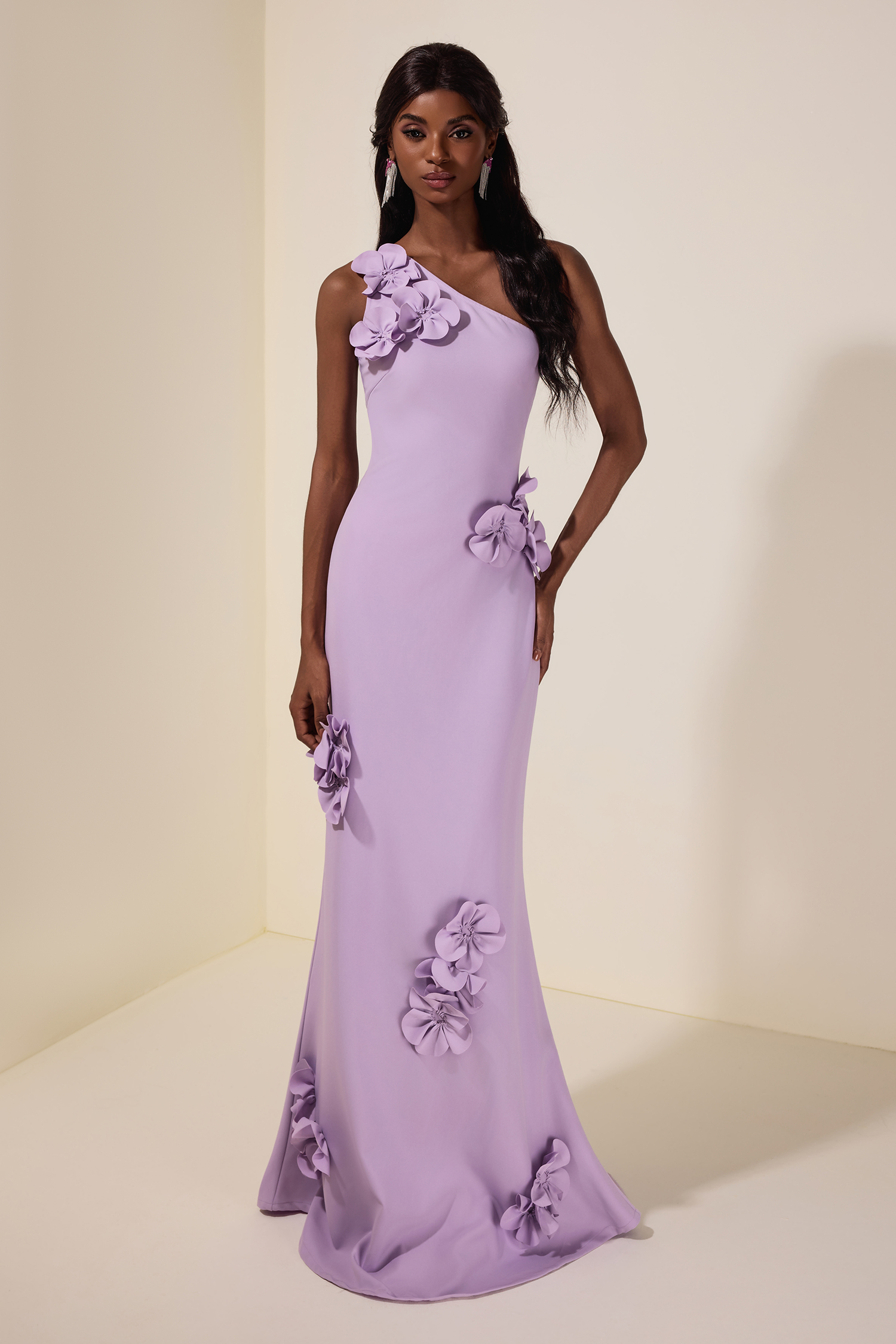 Solid 3D Flower Skew Collar Maxi Dress