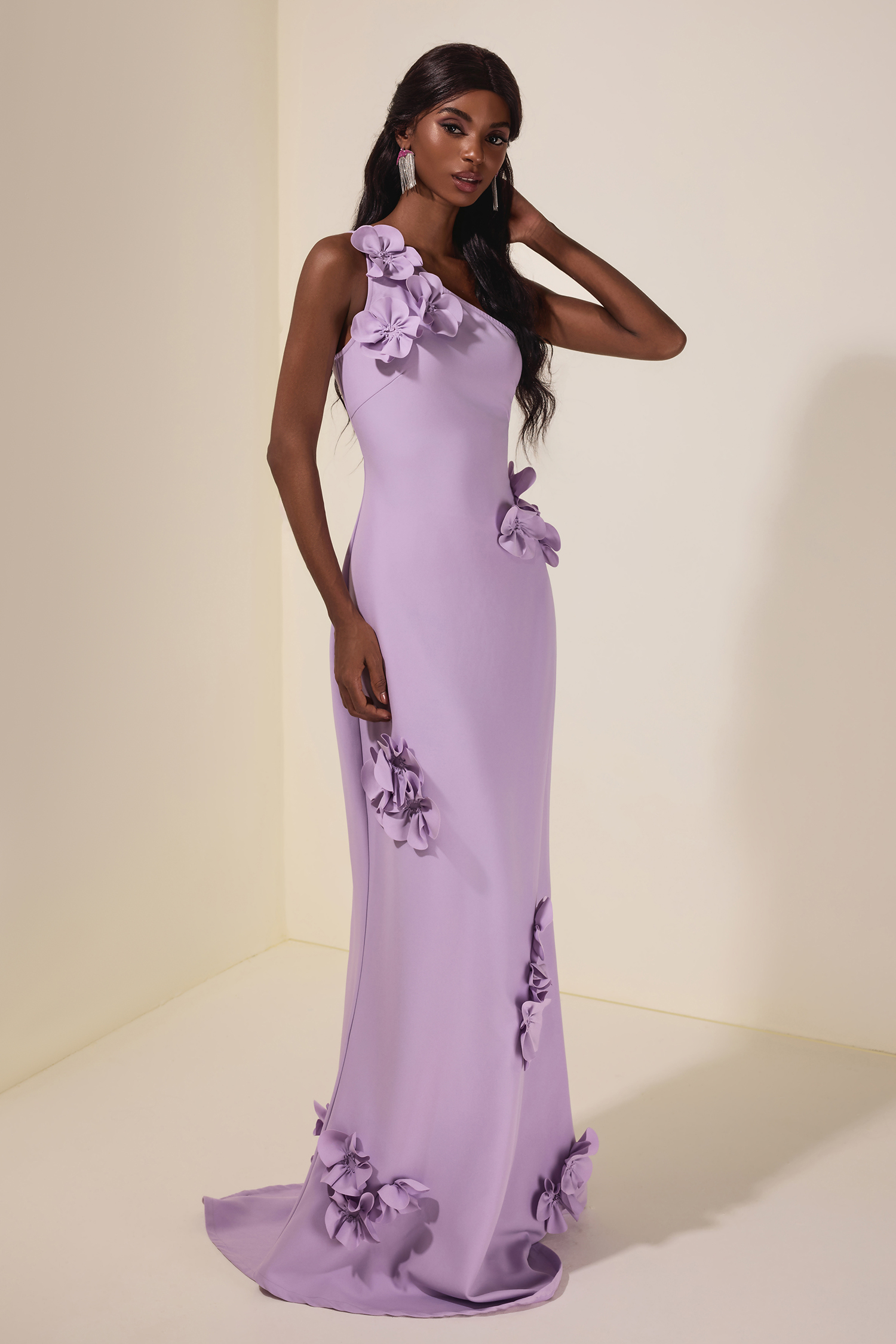 Solid 3D Flower Skew Collar Maxi Dress