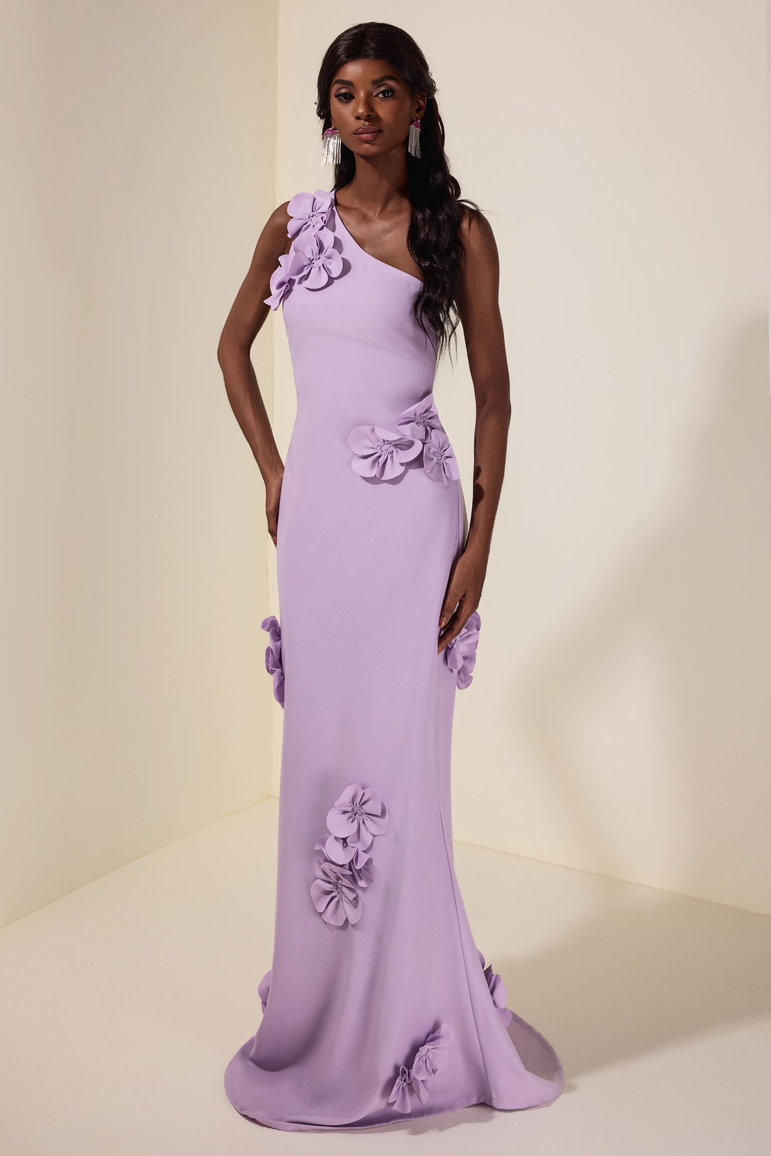 Solid 3D Flower Skew Collar Maxi Dress