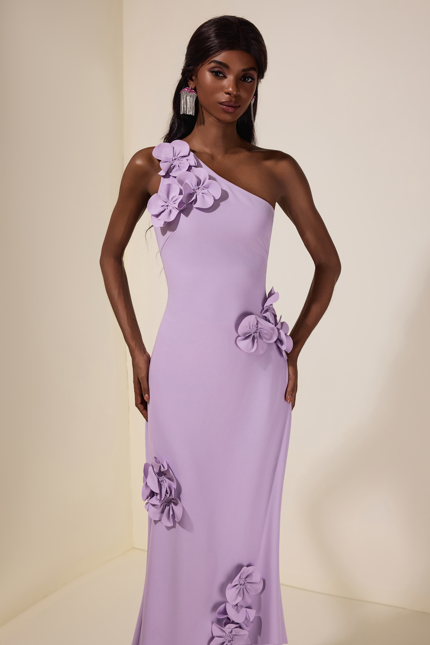 Solid 3D Flower Skew Collar Maxi Dress