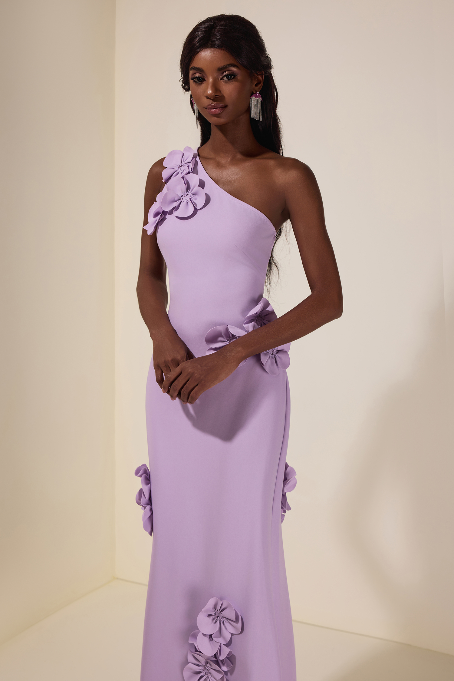 Solid 3D Flower Skew Collar Maxi Dress