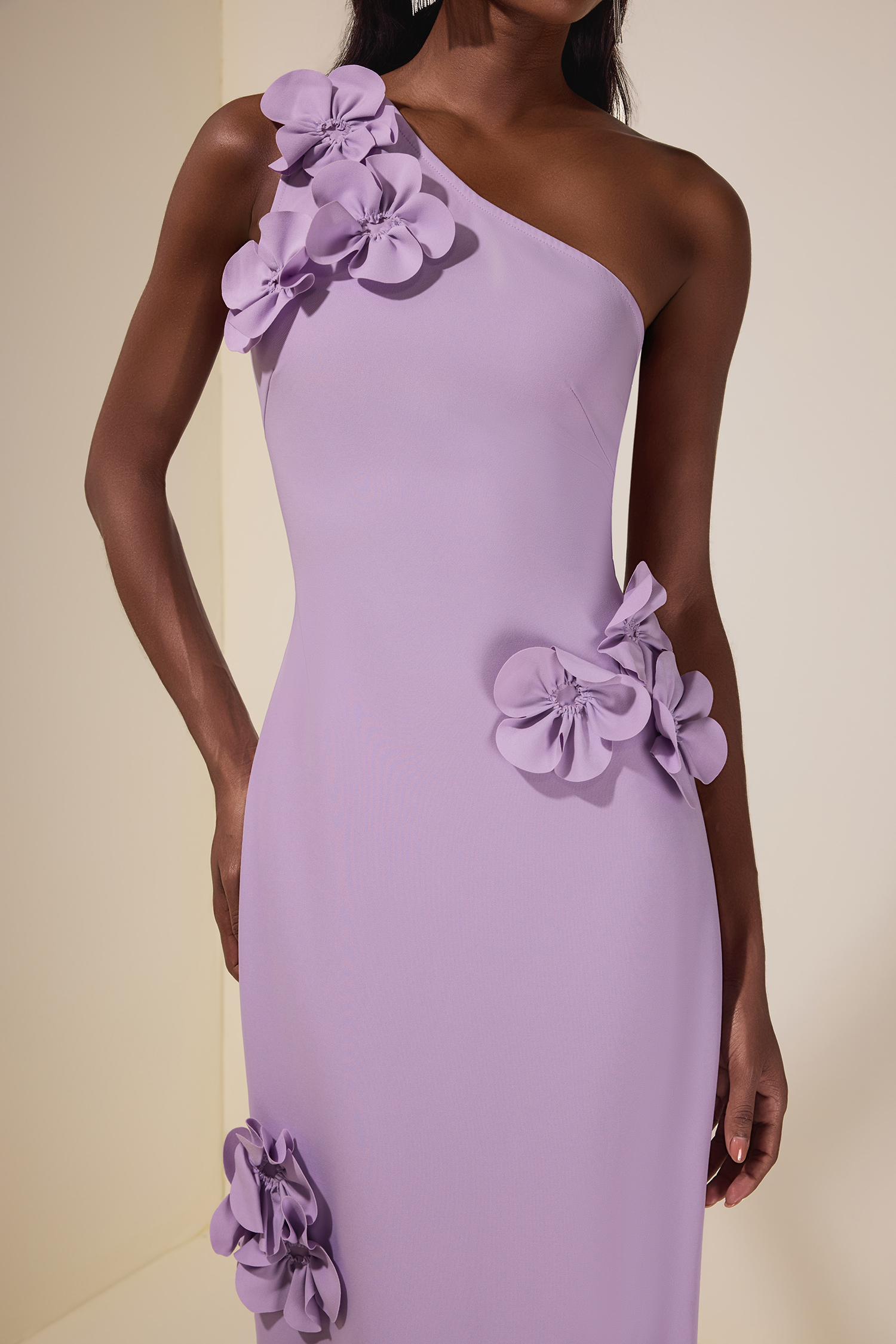 Solid 3D Flower Skew Collar Maxi Dress