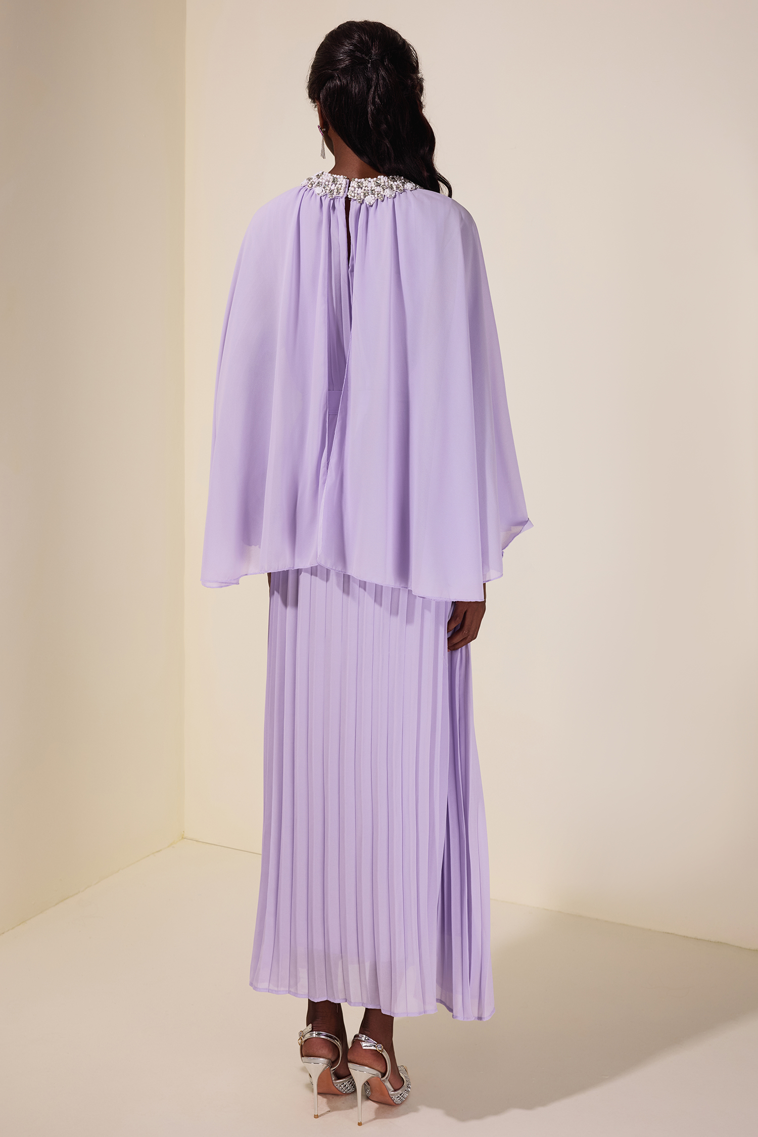 Rhinestone Rivets  Pleated Cape Sleeve Midi Dress