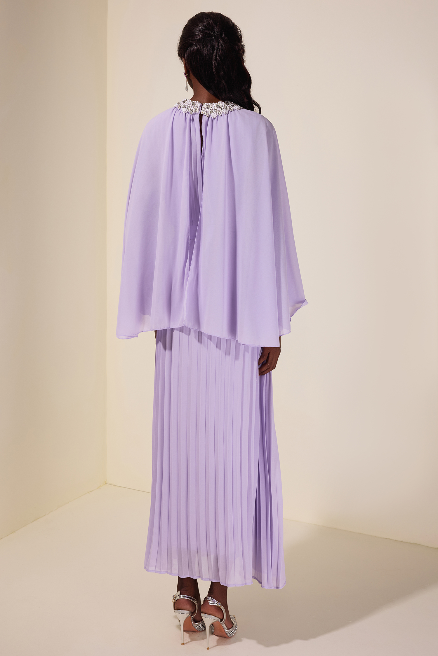 Rhinestone Rivets  Pleated Cape Sleeve Midi Dress