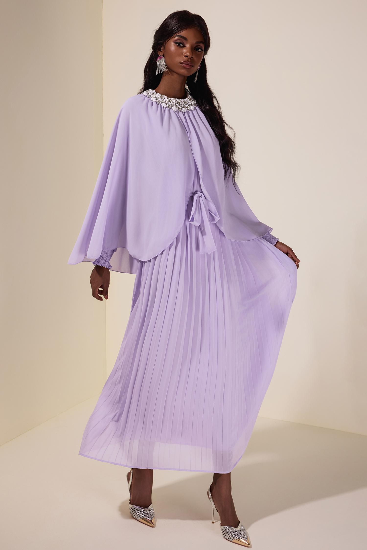 Rhinestone Rivets  Pleated Cape Sleeve Midi Dress