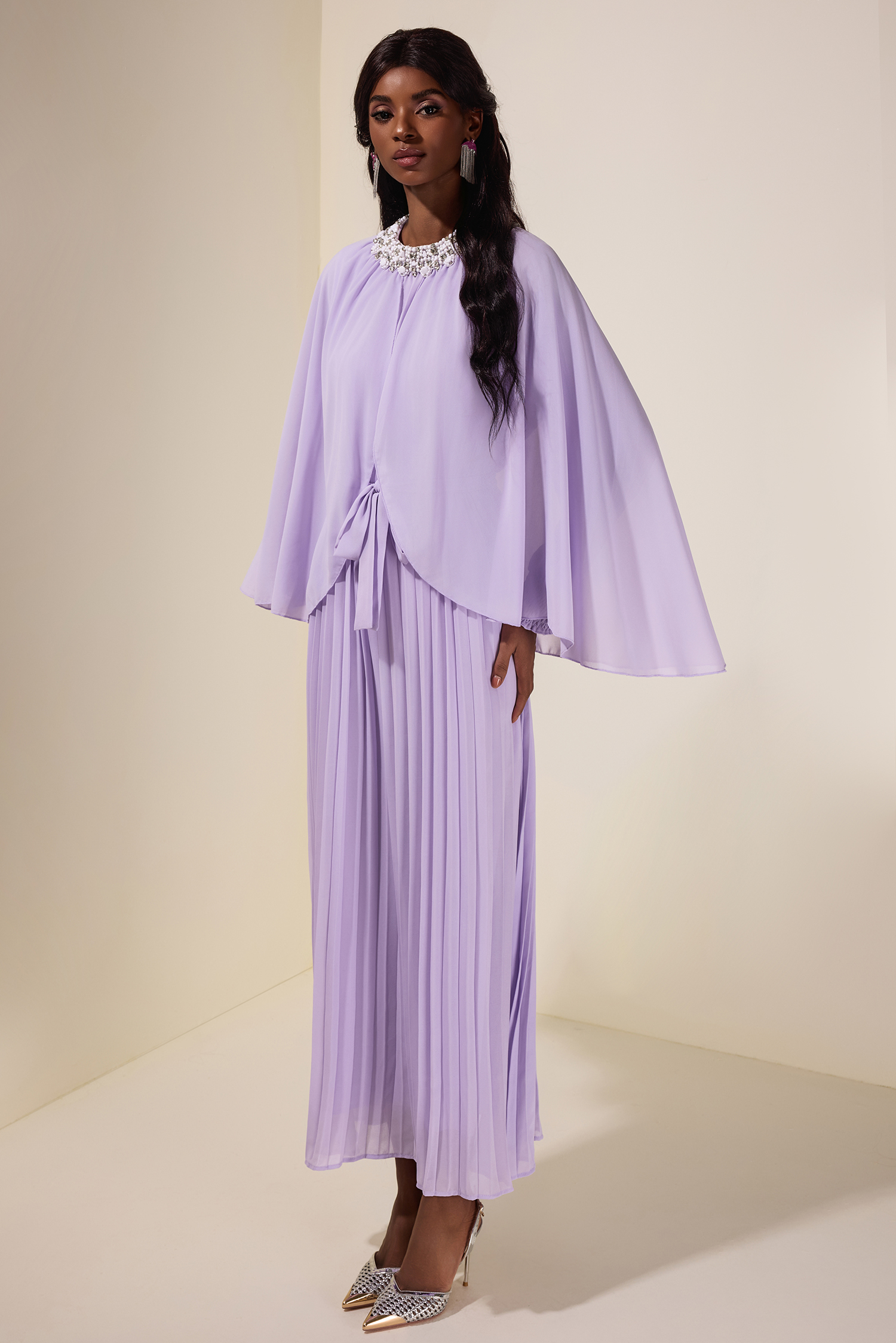 Rhinestone Rivets  Pleated Cape Sleeve Midi Dress