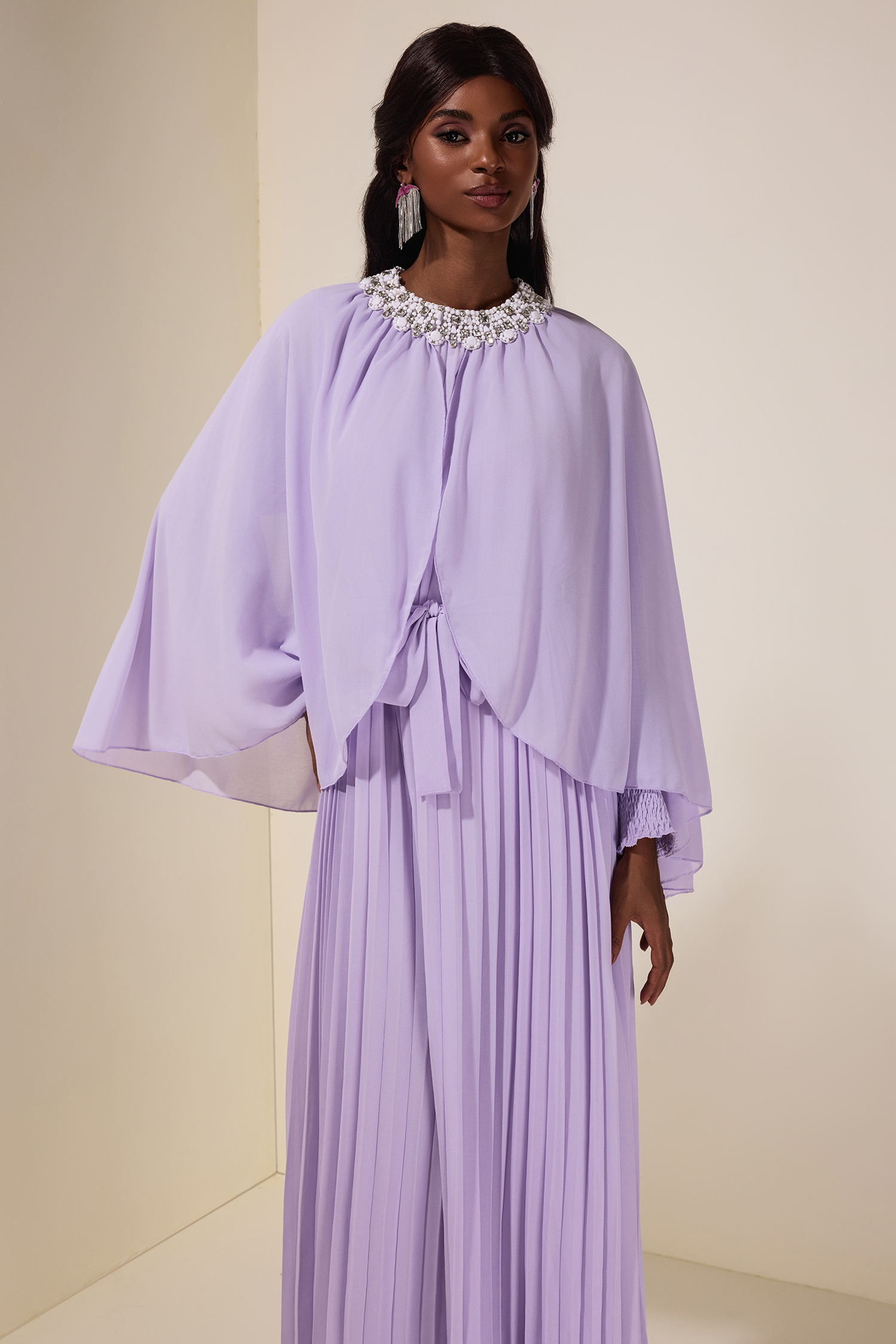 Rhinestone Rivets  Pleated Cape Sleeve Midi Dress