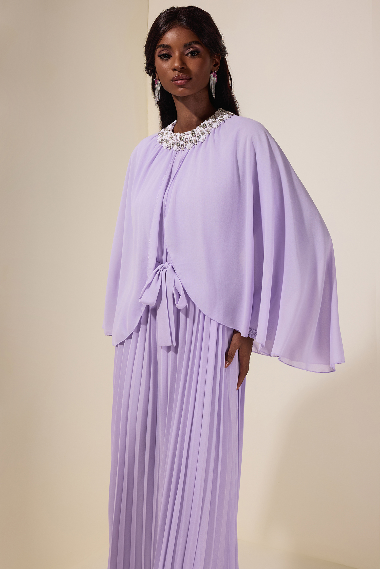 Rhinestone Rivets  Pleated Cape Sleeve Midi Dress