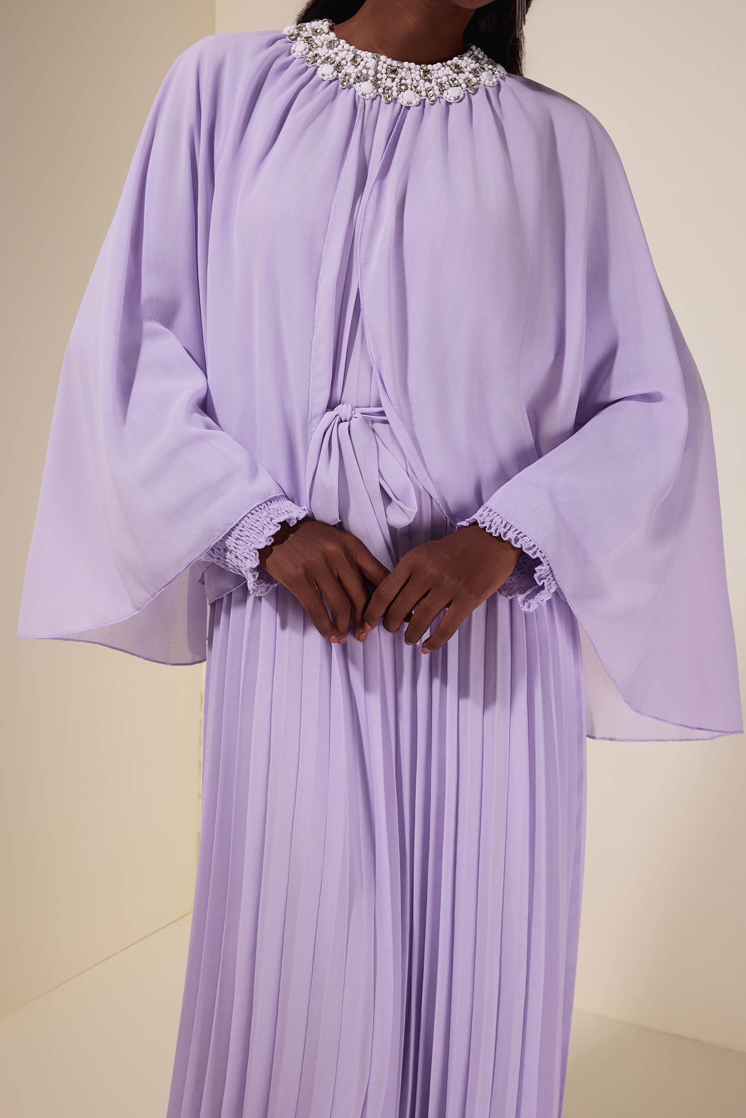 Rhinestone Rivets  Pleated Cape Sleeve Midi Dress