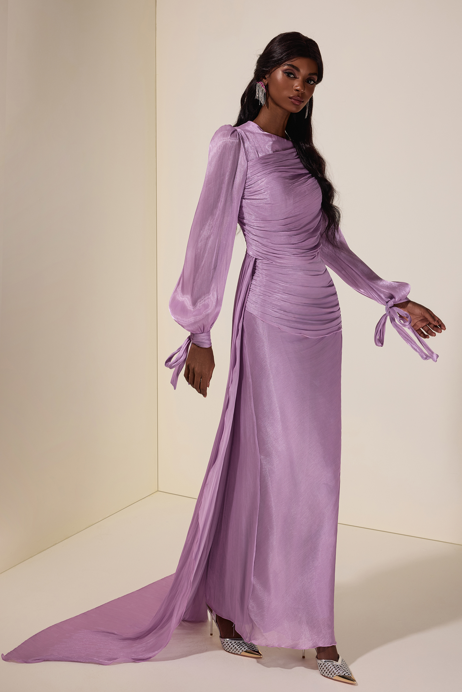 Gathering Lantern Sleeve Lace-Up Maxi Dress