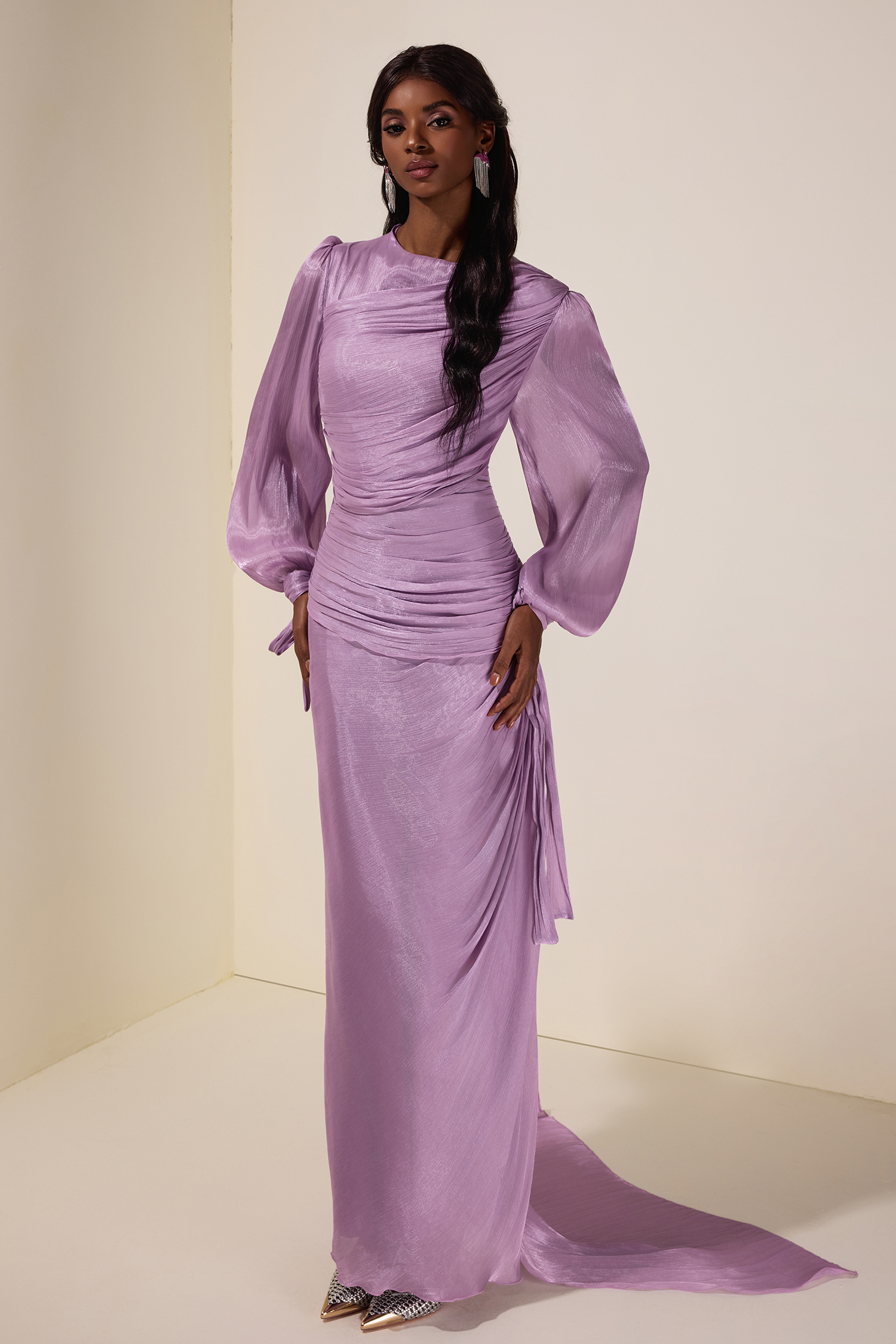 Gathering Lantern Sleeve Lace-Up Maxi Dress