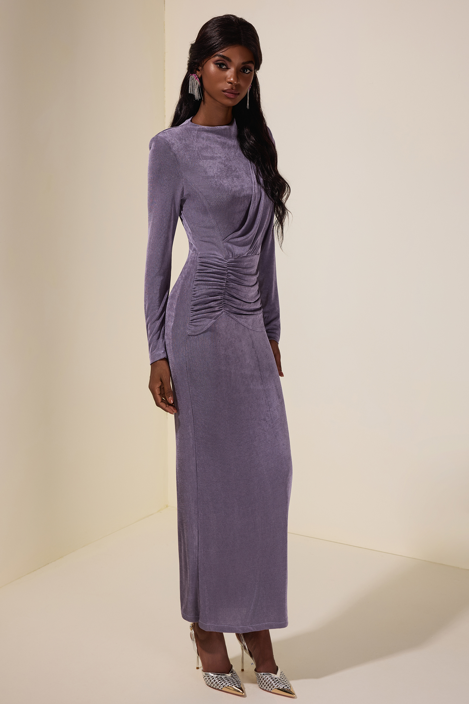 Jersey Ruched Long Sleeve Maxi Dress