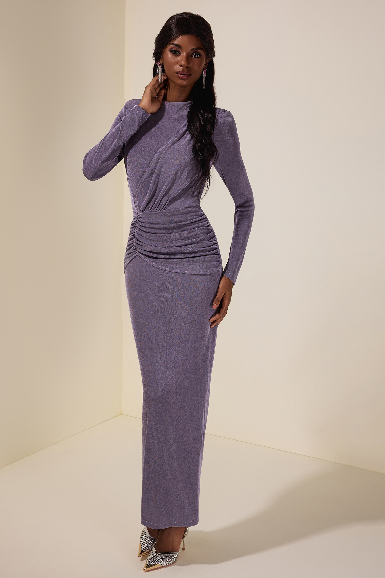 Jersey Ruched Long Sleeve Maxi Dress