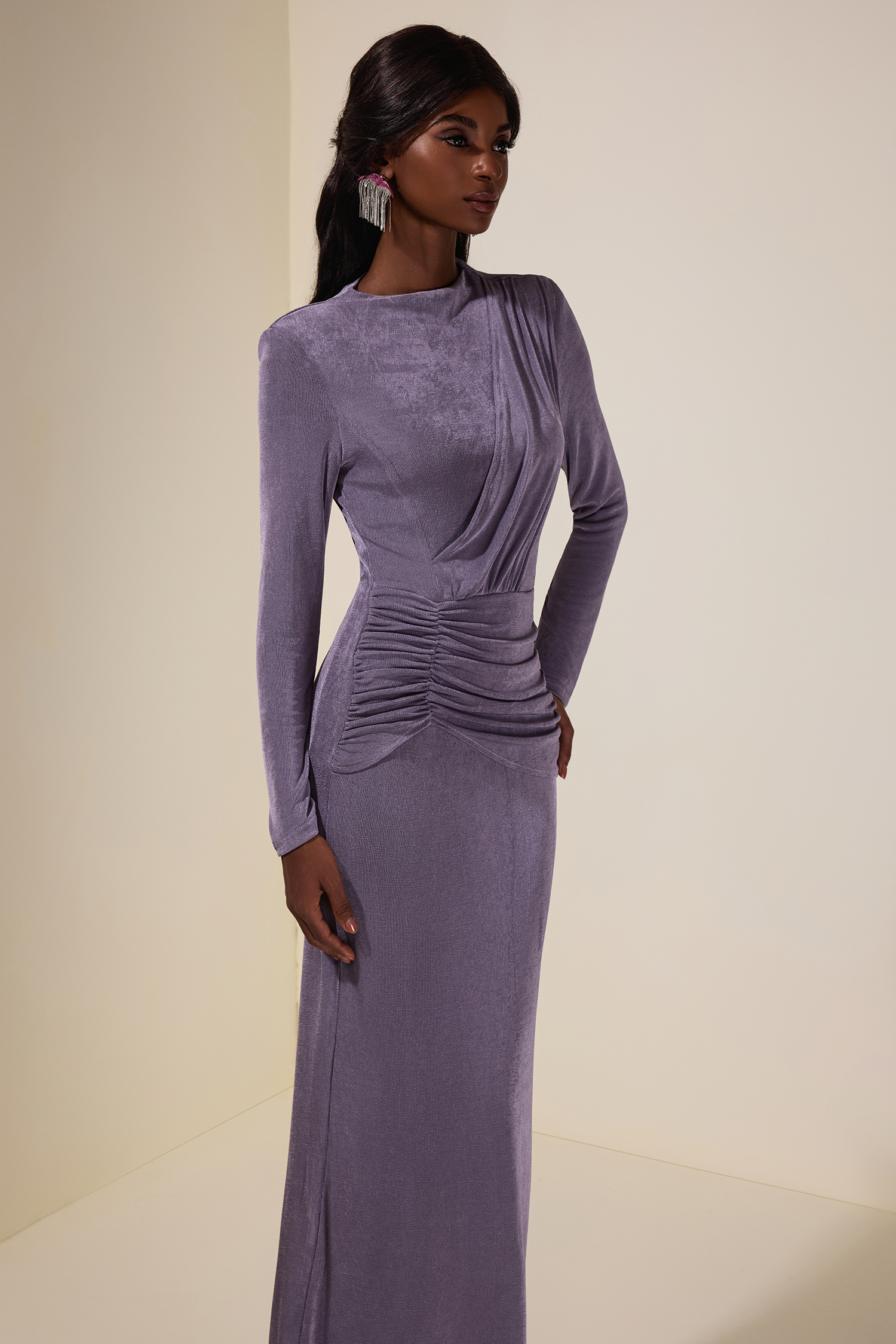 Jersey Ruched Long Sleeve Maxi Dress