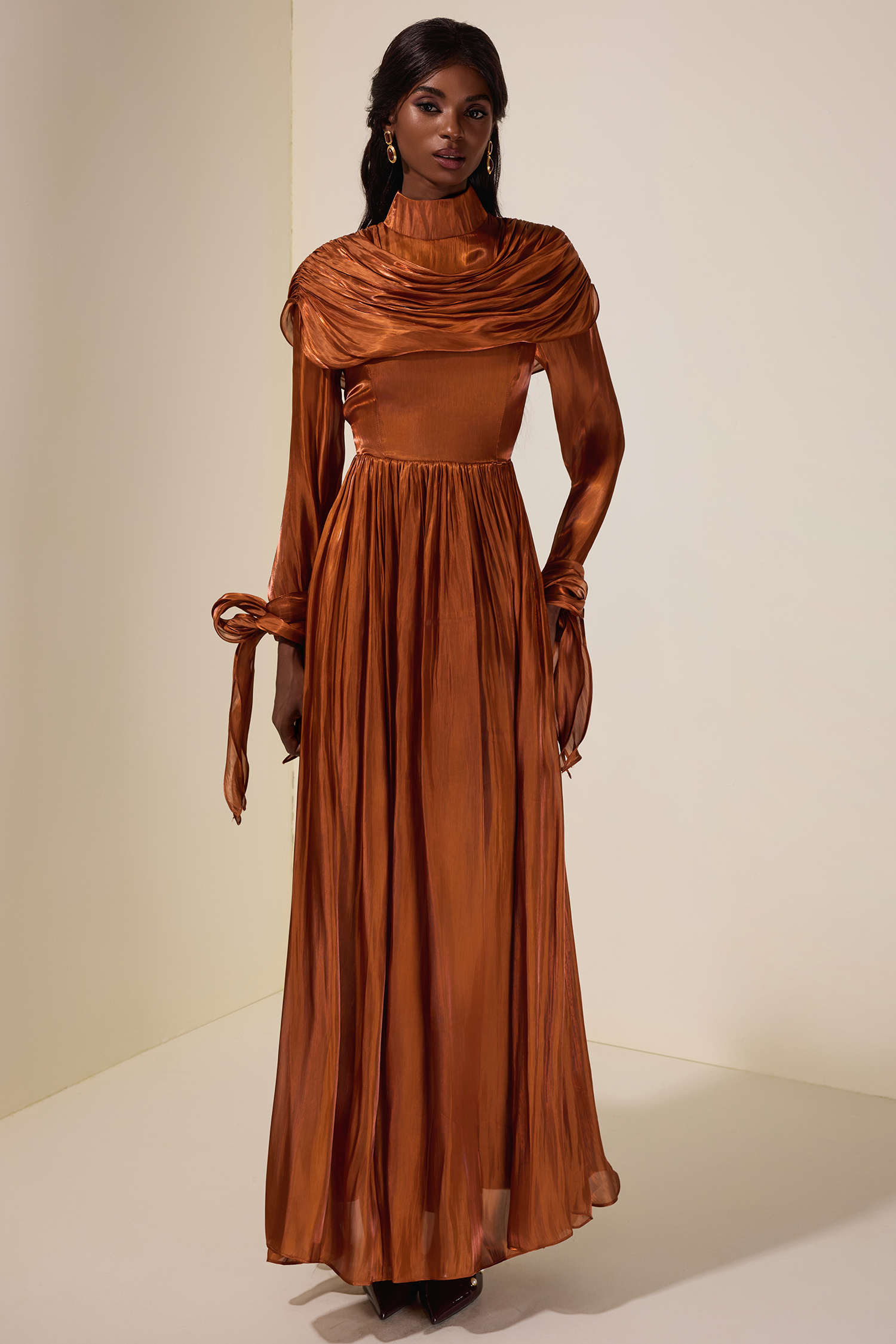 Satin Ruched Ruffle Maxi Dress