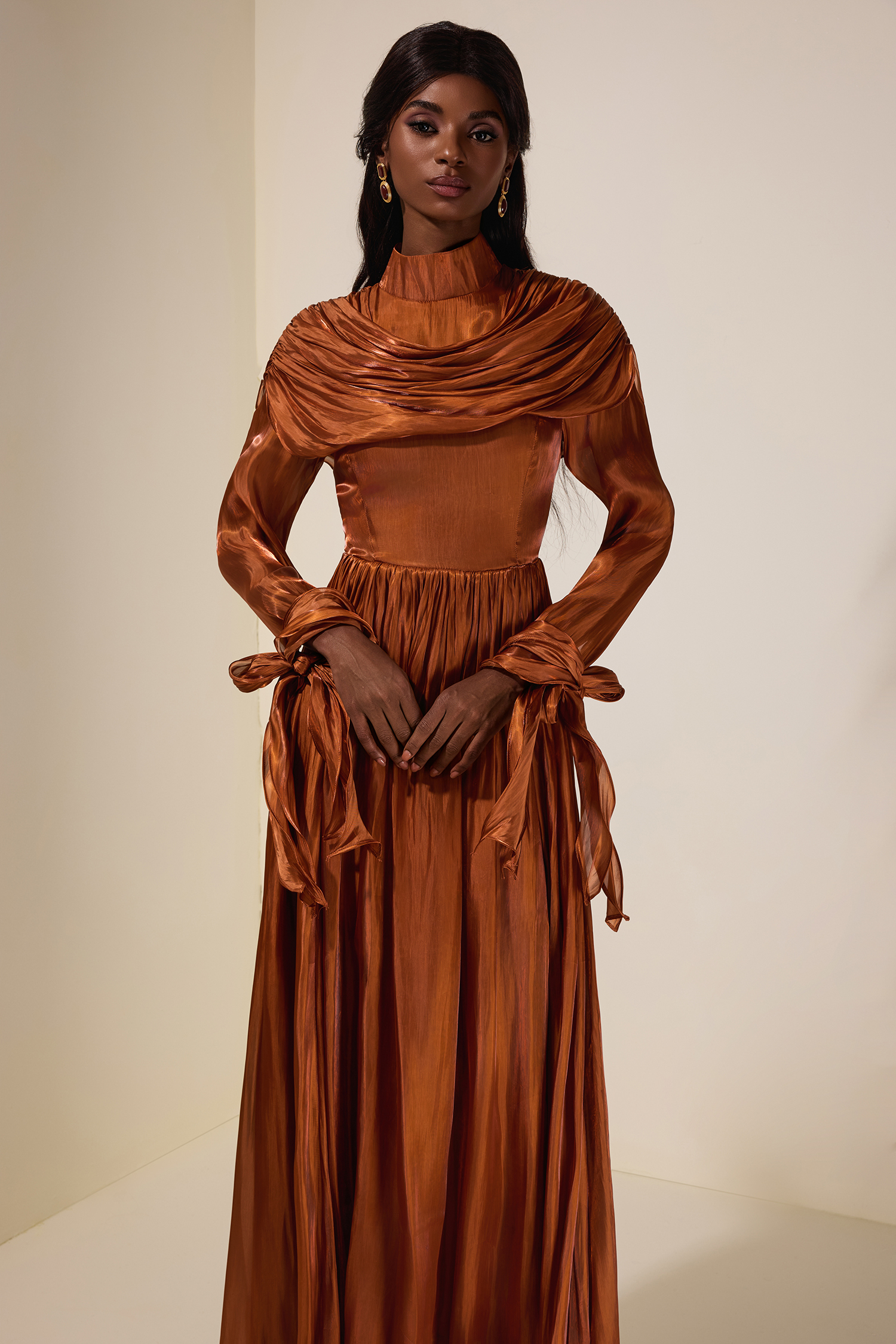 Satin Ruched Ruffle Maxi Dress