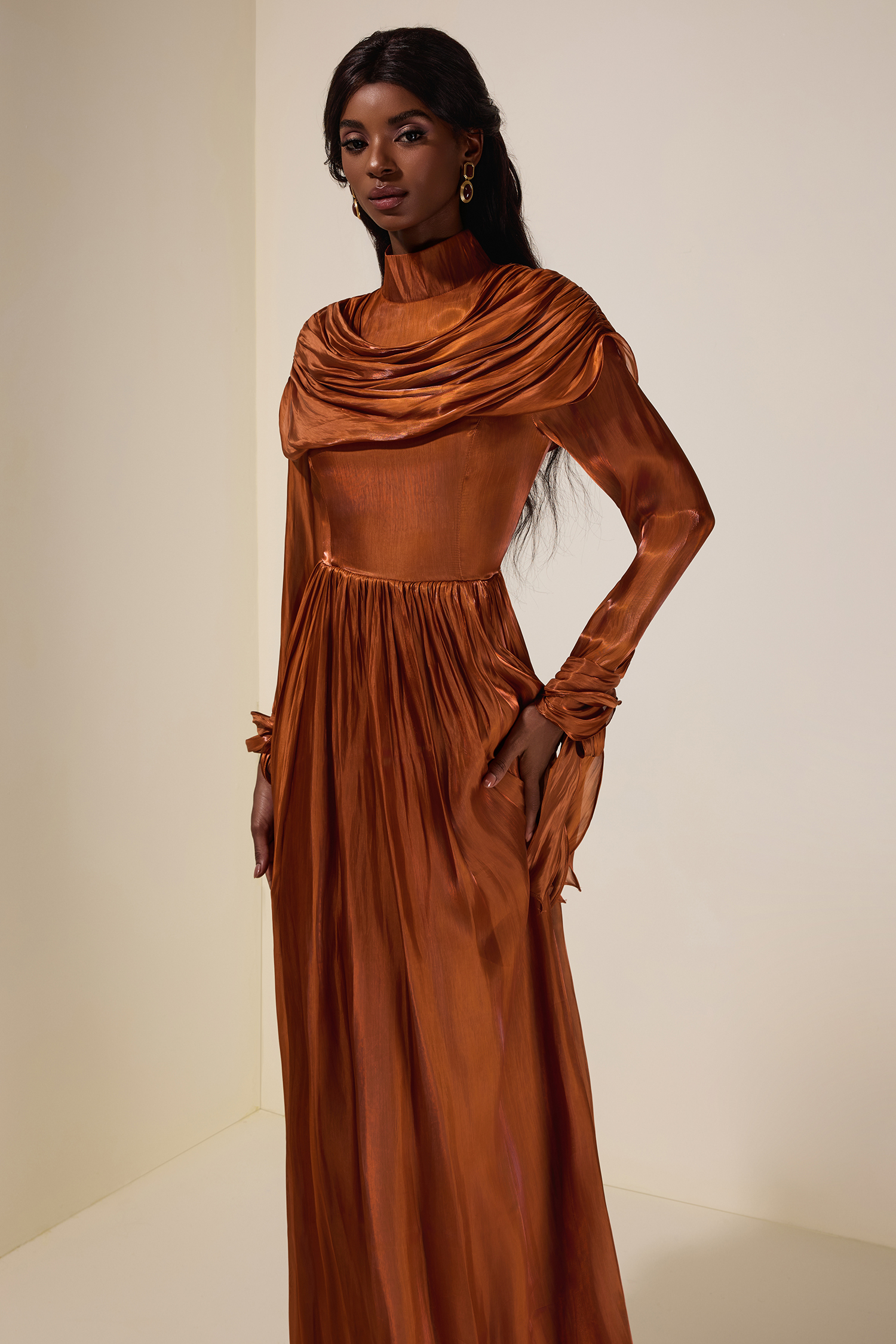Satin Ruched Ruffle Maxi Dress