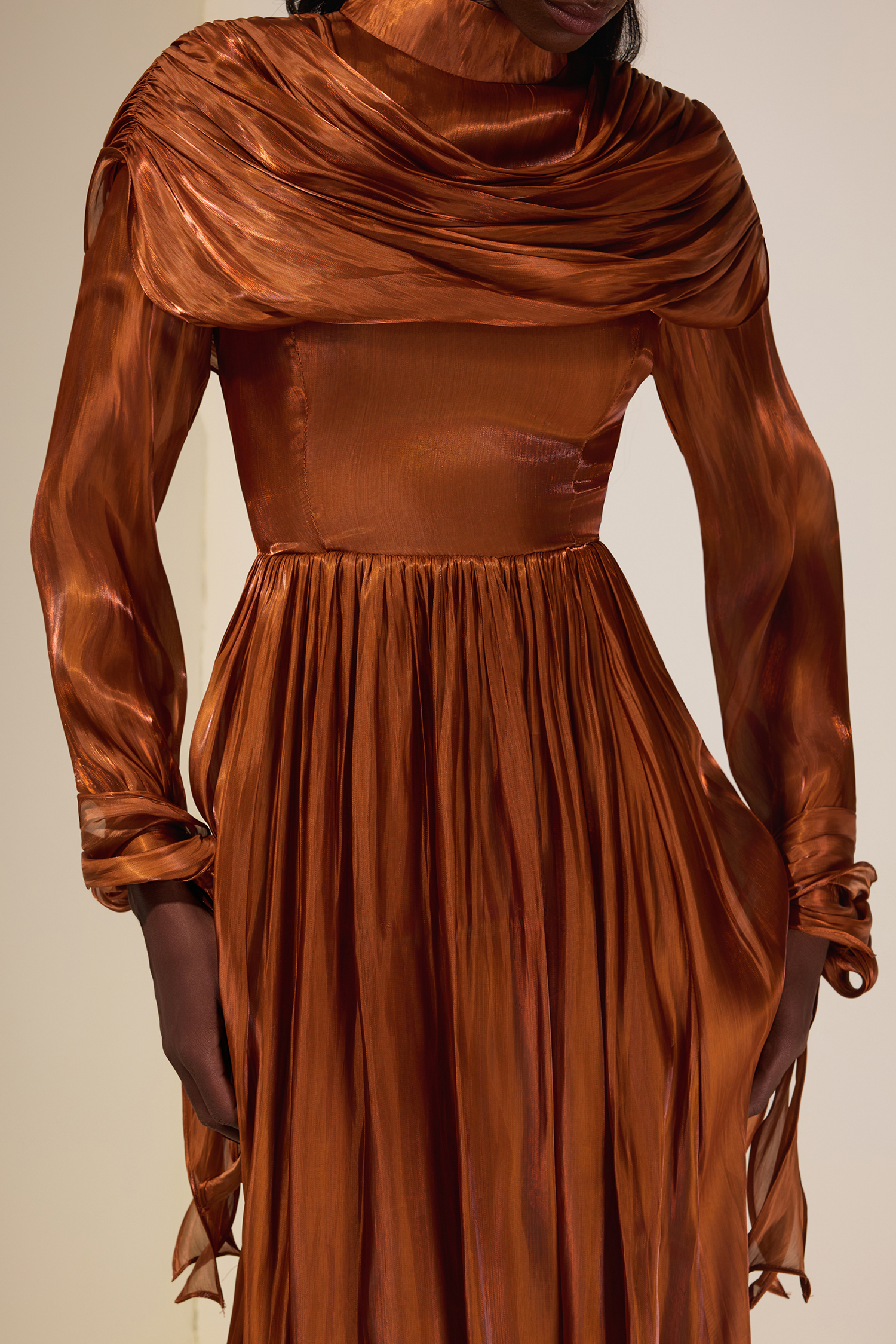 Satin Ruched Ruffle Maxi Dress