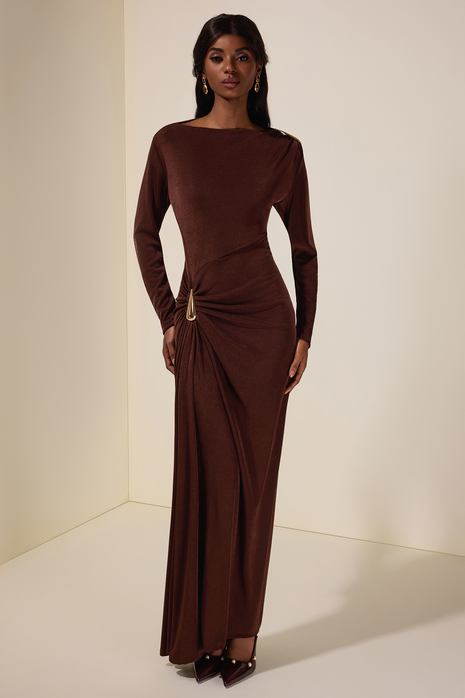 Jersey Metal Decorations Long Sleeve Maxi Dress