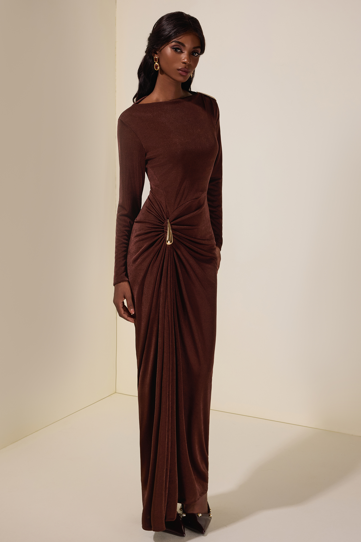 Jersey Metal Decorations Long Sleeve Maxi Dress