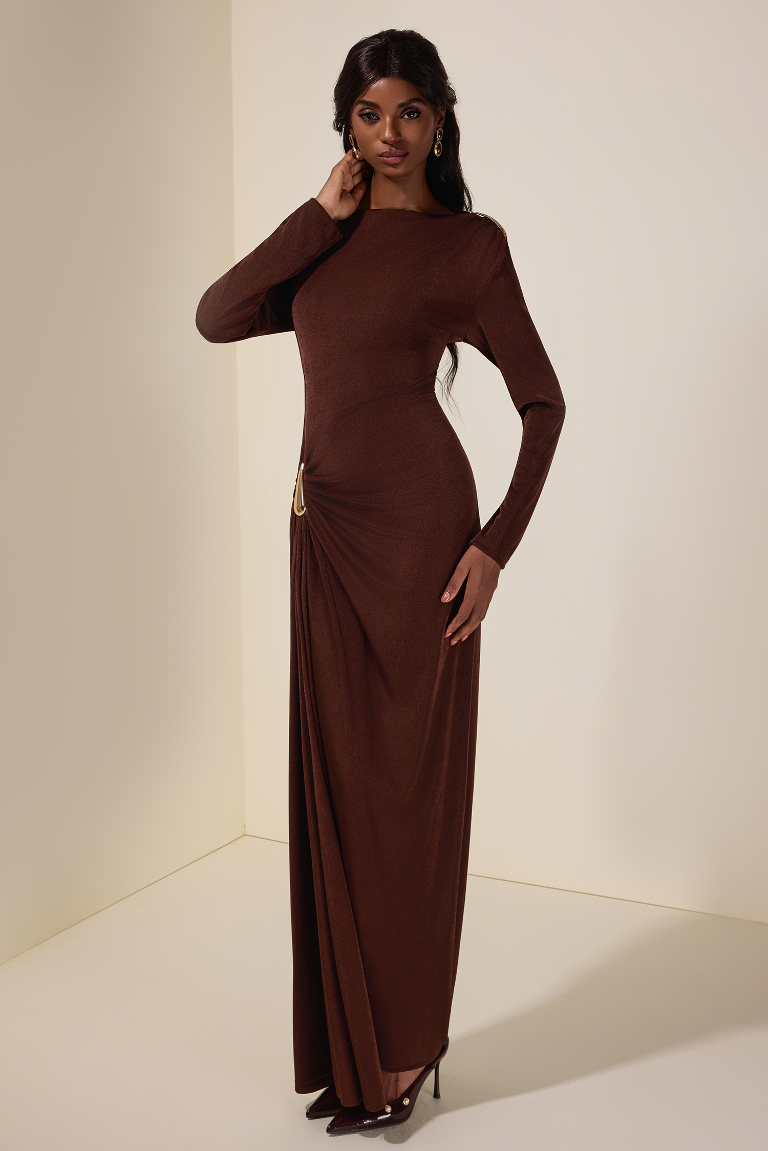 Jersey Metal Decorations Long Sleeve Maxi Dress