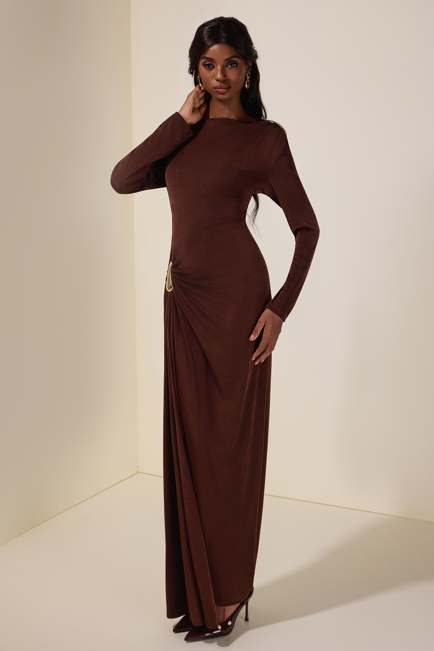 Jersey Metal Decorations Long Sleeve Maxi Dress