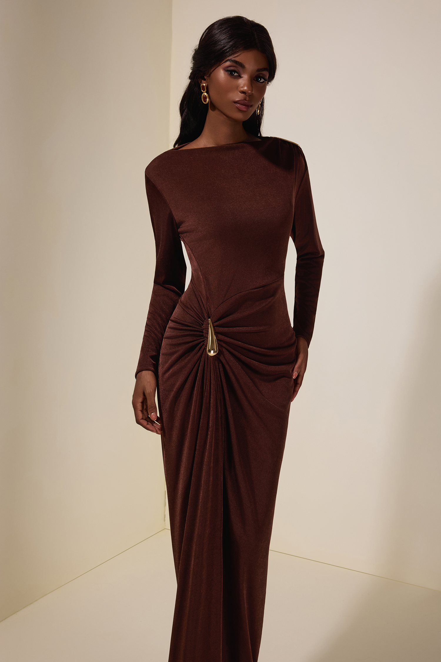 Jersey Metal Decorations Long Sleeve Maxi Dress