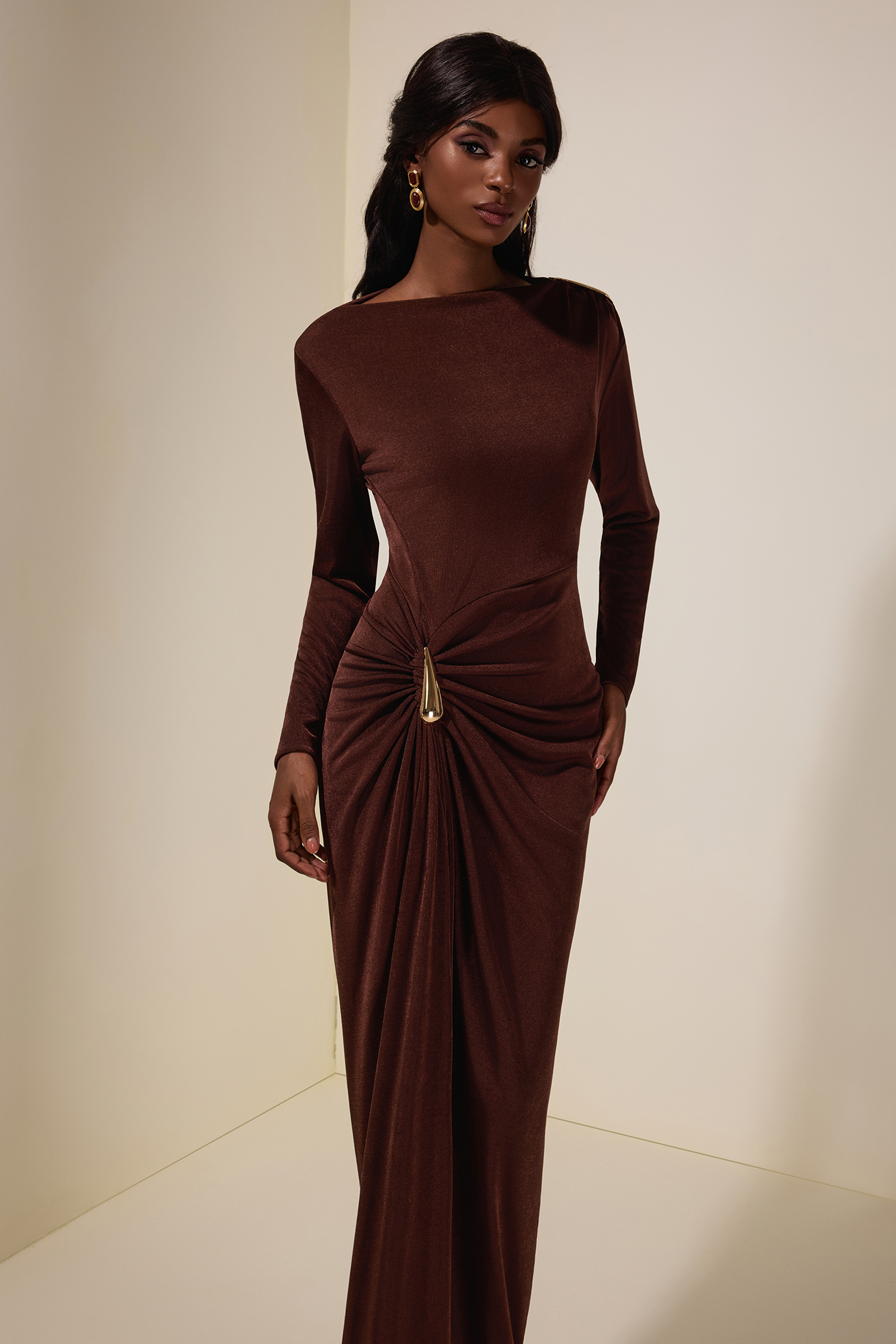 Jersey Metal Decorations Long Sleeve Maxi Dress