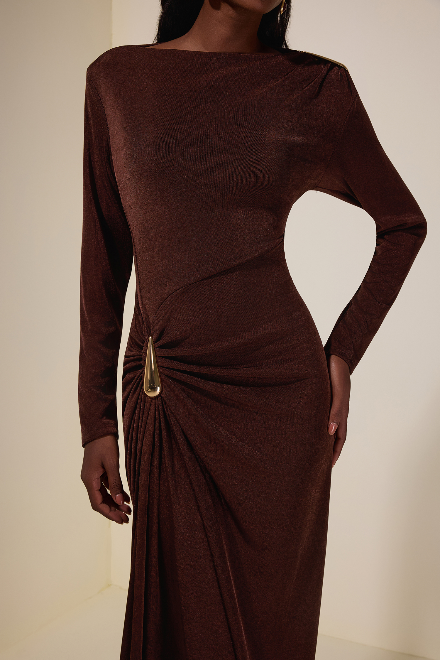 Jersey Metal Decorations Long Sleeve Maxi Dress