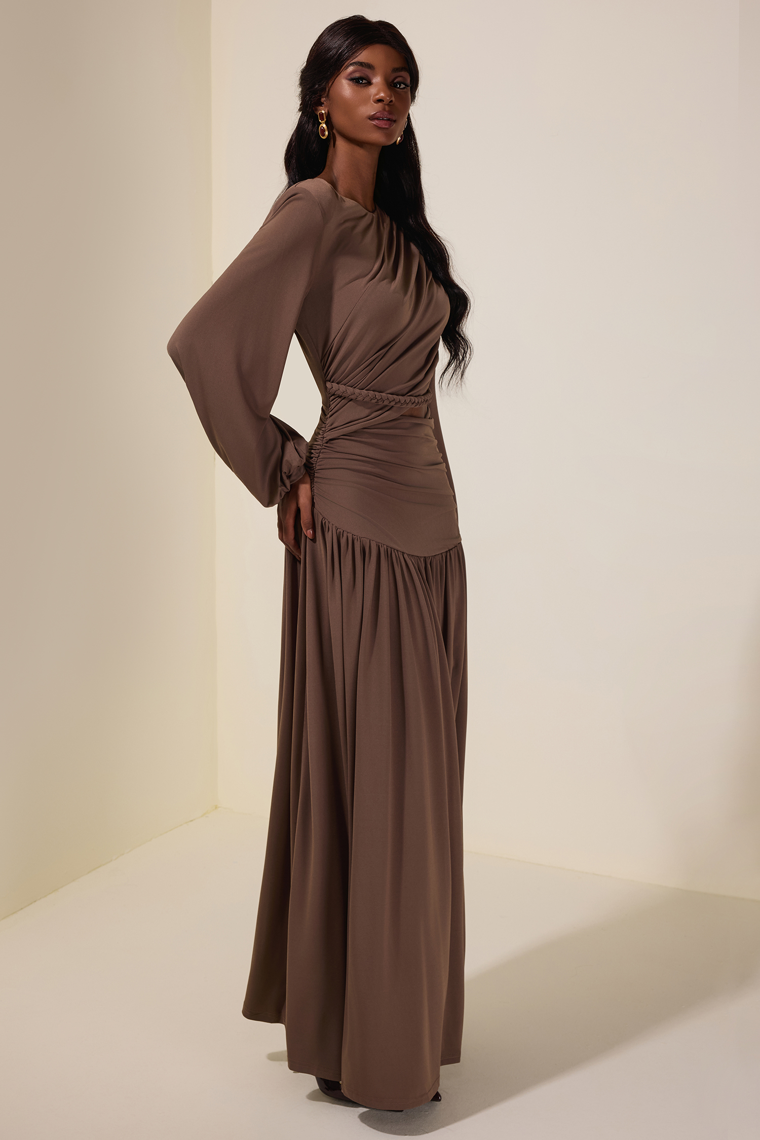 Jersey Woven Gathering Midi Dress