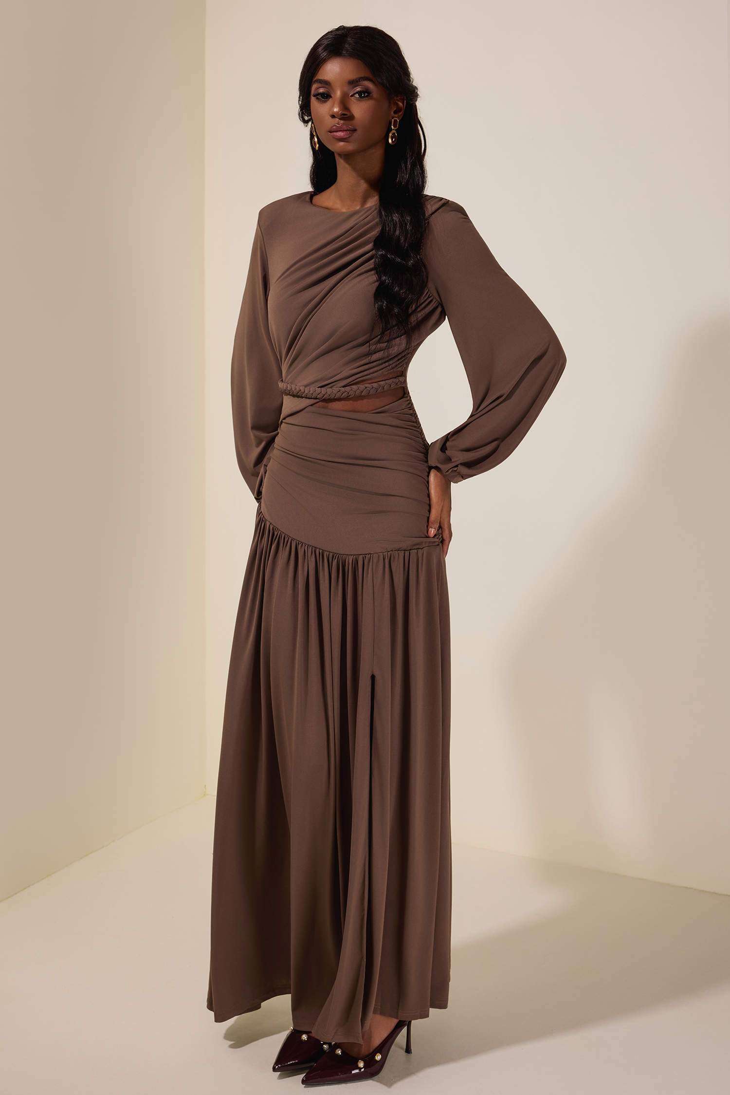 Jersey Woven Gathering Midi Dress