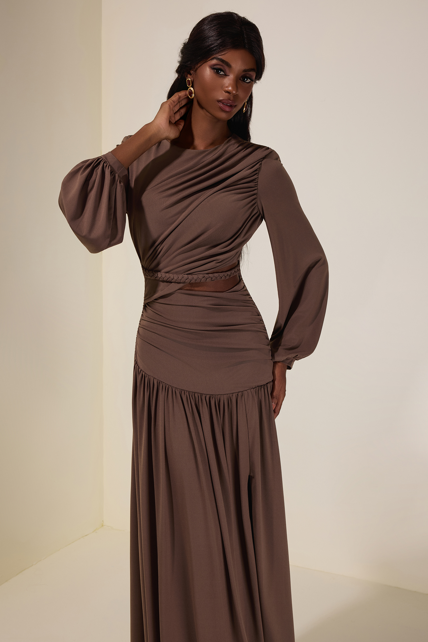 Jersey Woven Gathering Midi Dress