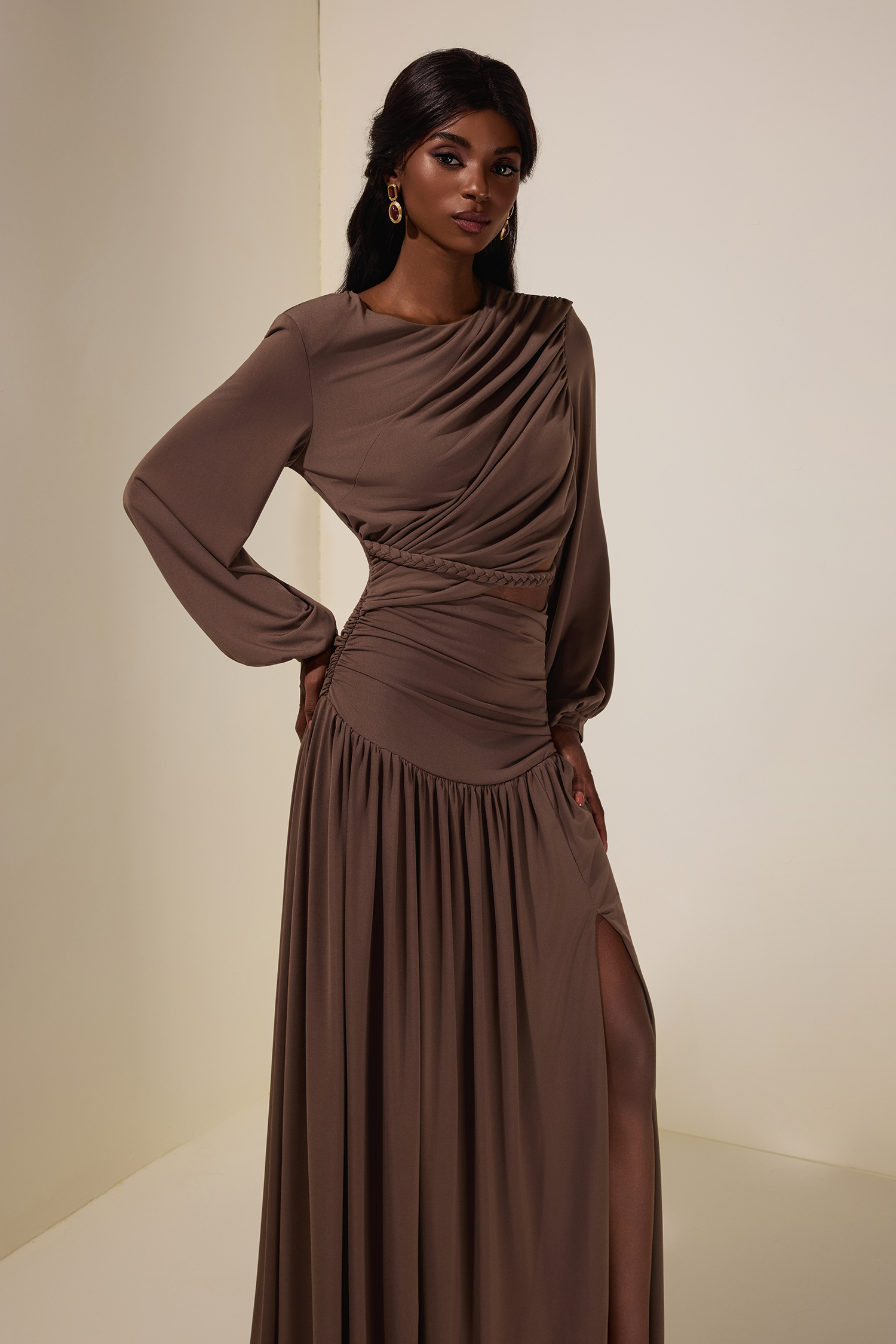Jersey Woven Gathering Midi Dress