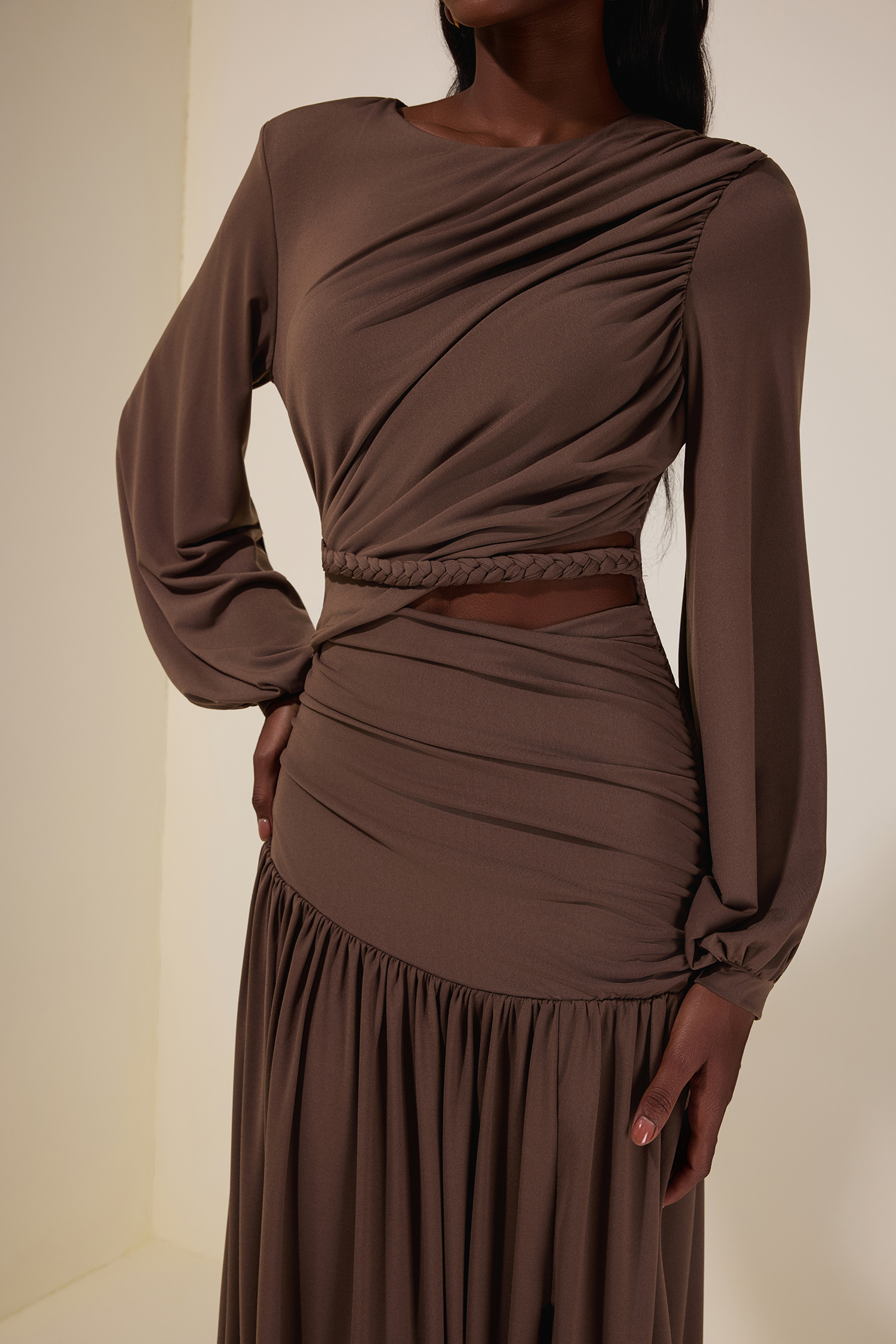 Jersey Woven Gathering Midi Dress