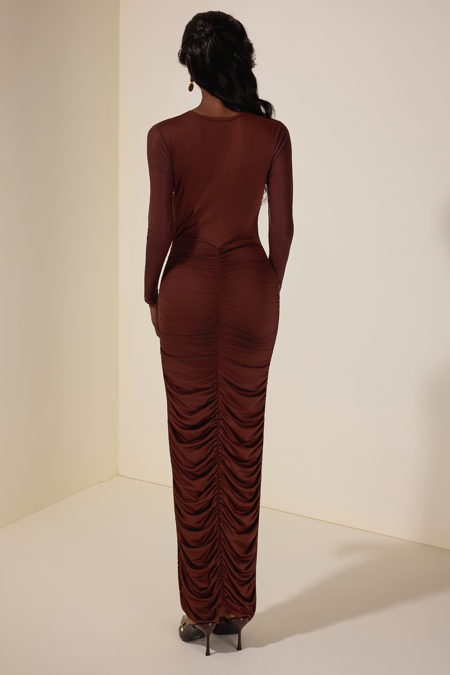 Mesh Splicing Jersey Gathering Midi Dress