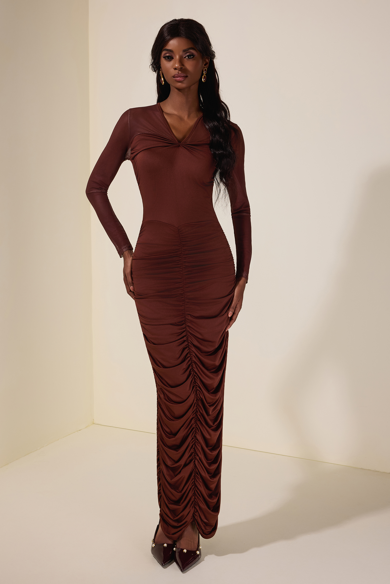 Mesh Splicing Jersey Gathering Midi Dress