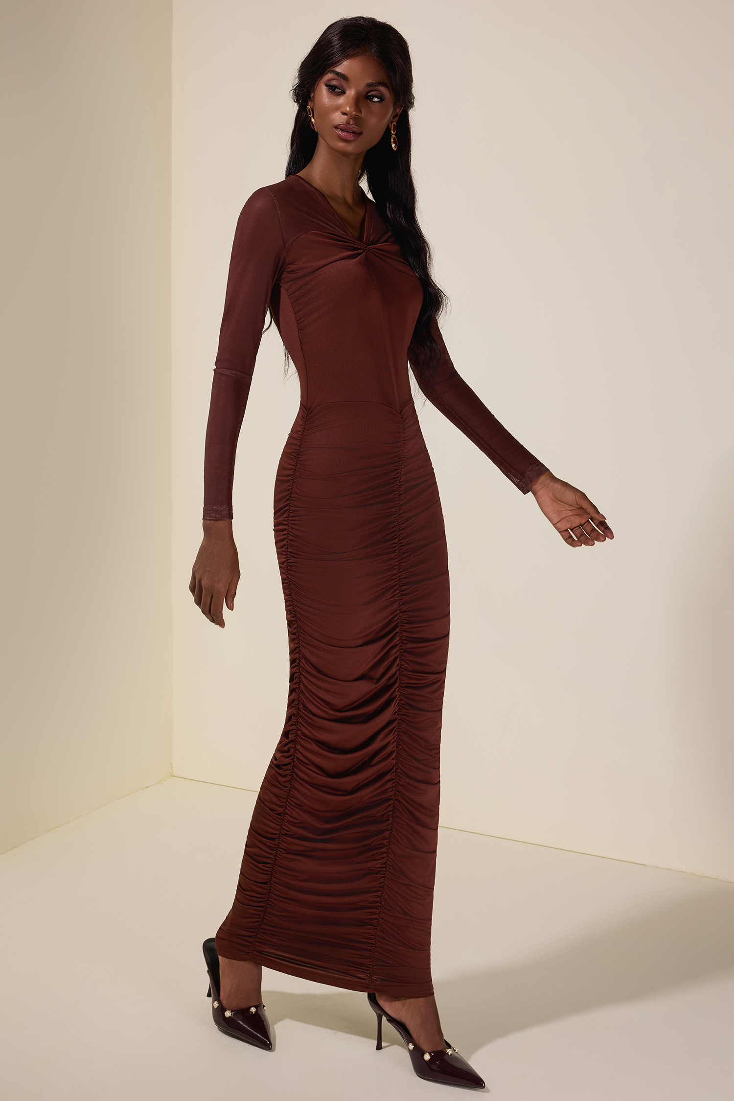 Mesh Splicing Jersey Gathering Midi Dress