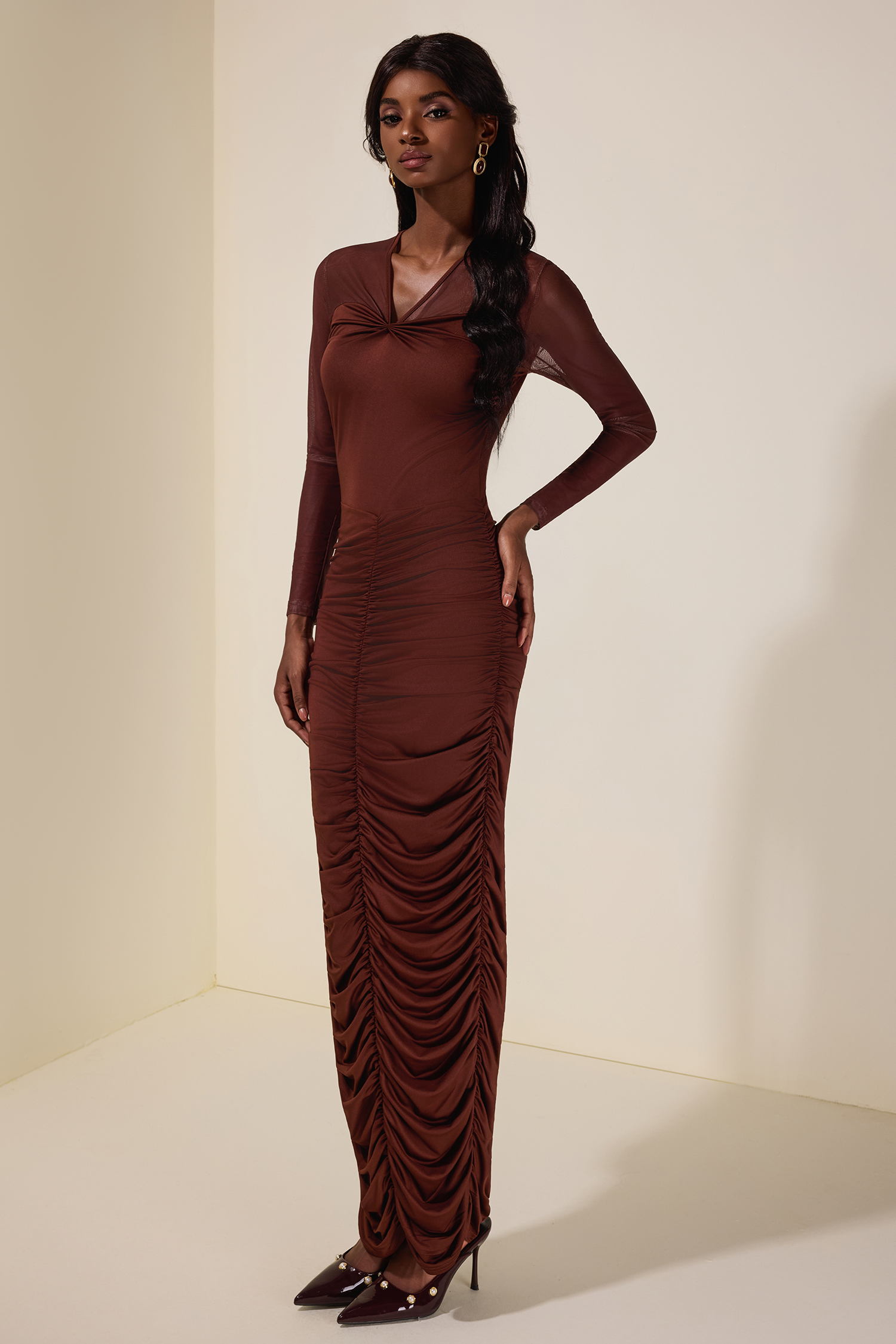 Mesh Splicing Jersey Gathering Midi Dress