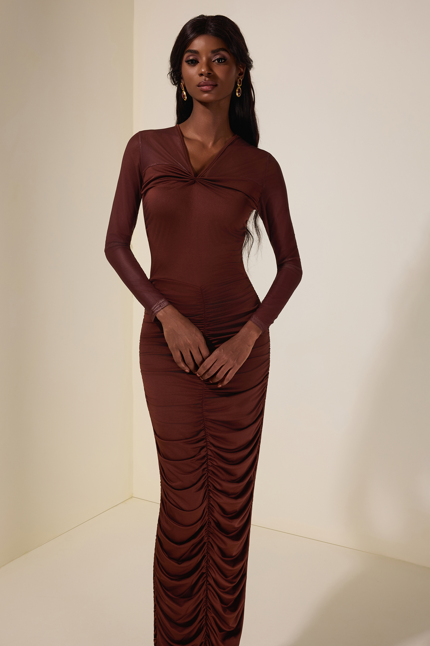 Mesh Splicing Jersey Gathering Midi Dress