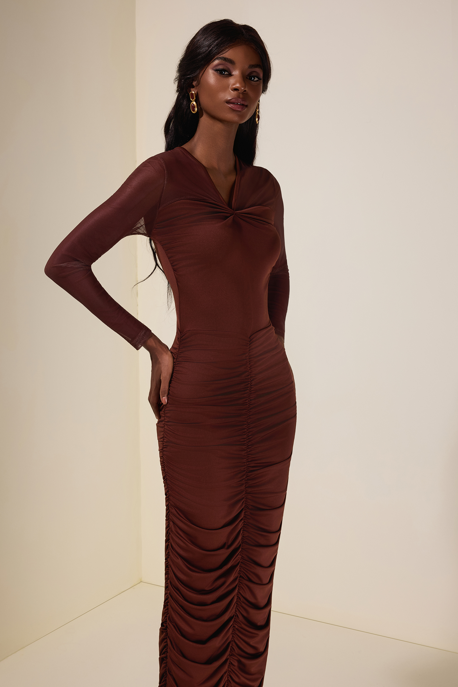 Mesh Splicing Jersey Gathering Midi Dress